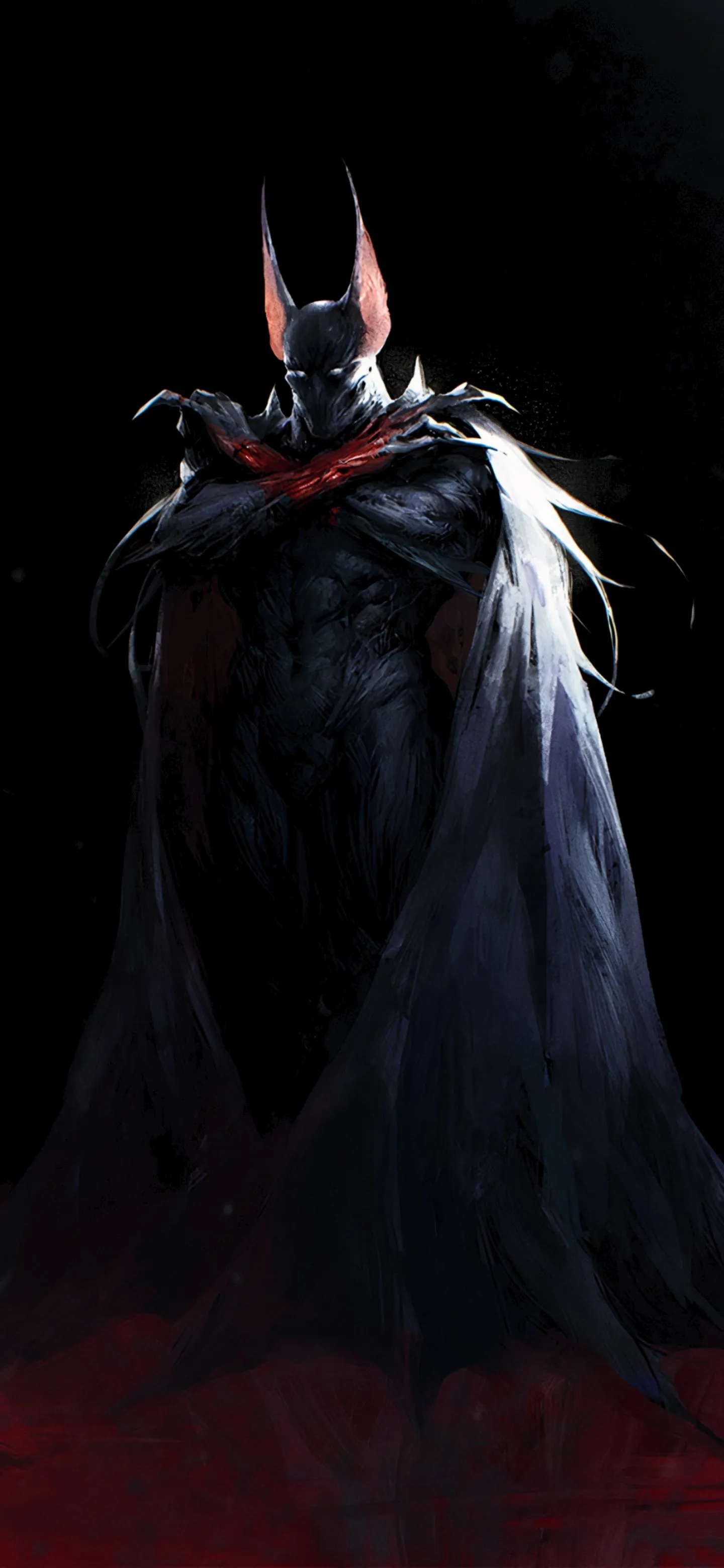 Dark Cloaked Figure Standing in Dramatic Red Lighting