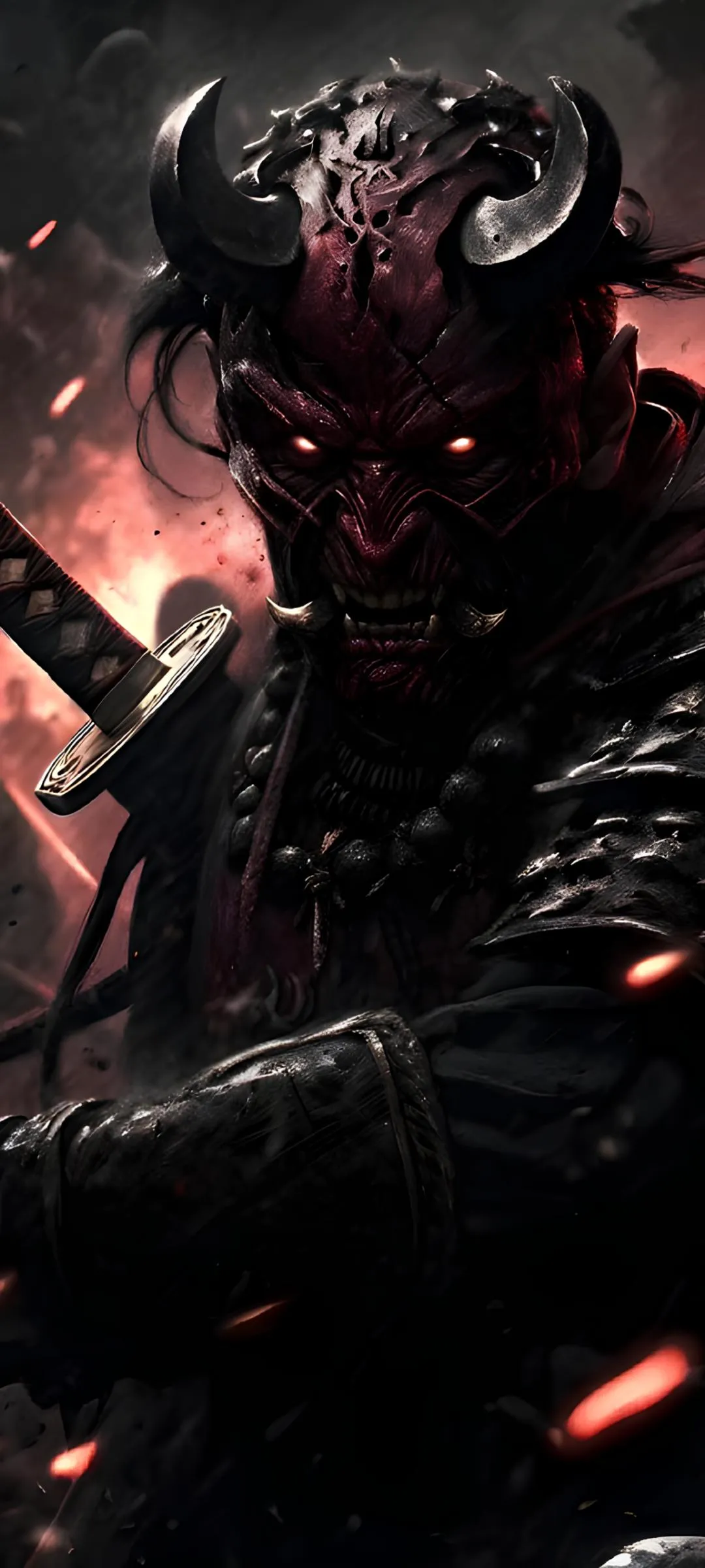 Dark Demon Warrior Surrounded by Fiery Red Energy Wallpaper