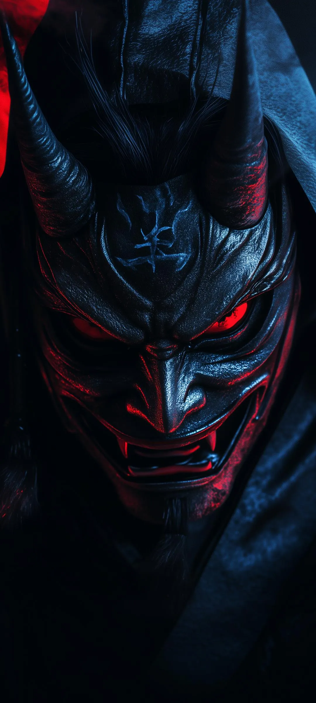 Dark Demonic Face with Glowing Red Eyes and Shadows