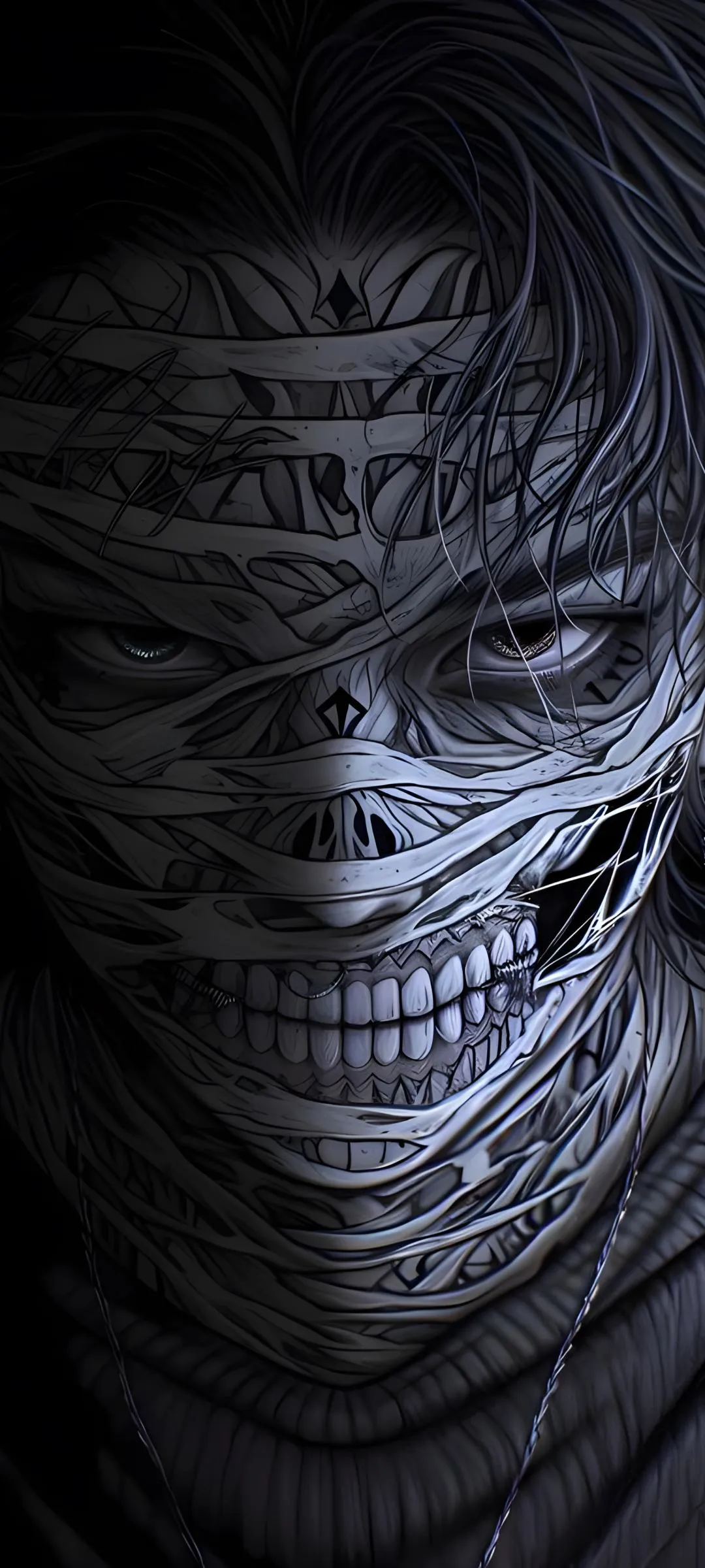 Dark eerie face wrapped in bandages with sinister smile