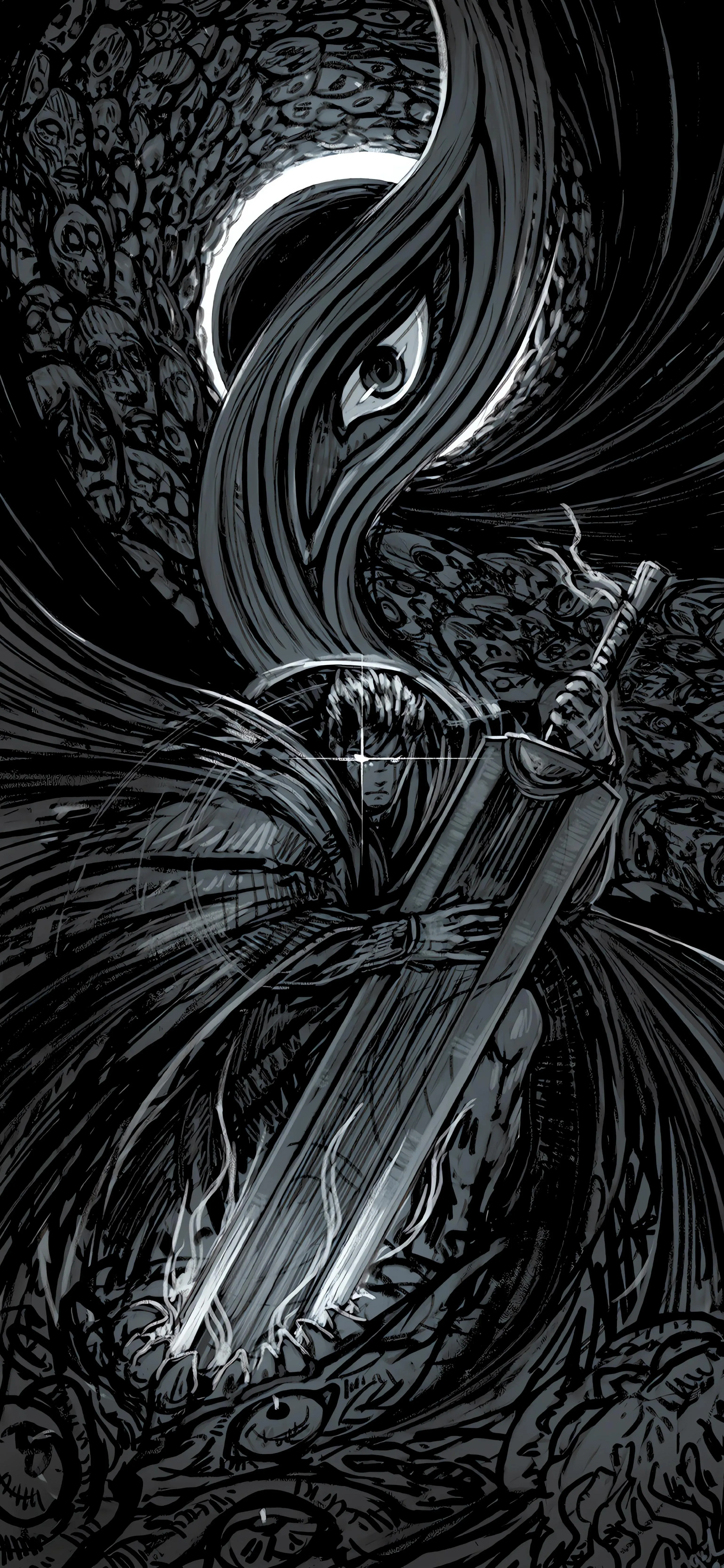 Dark Fantasy Creature with Monochrome Wings Wallpaper