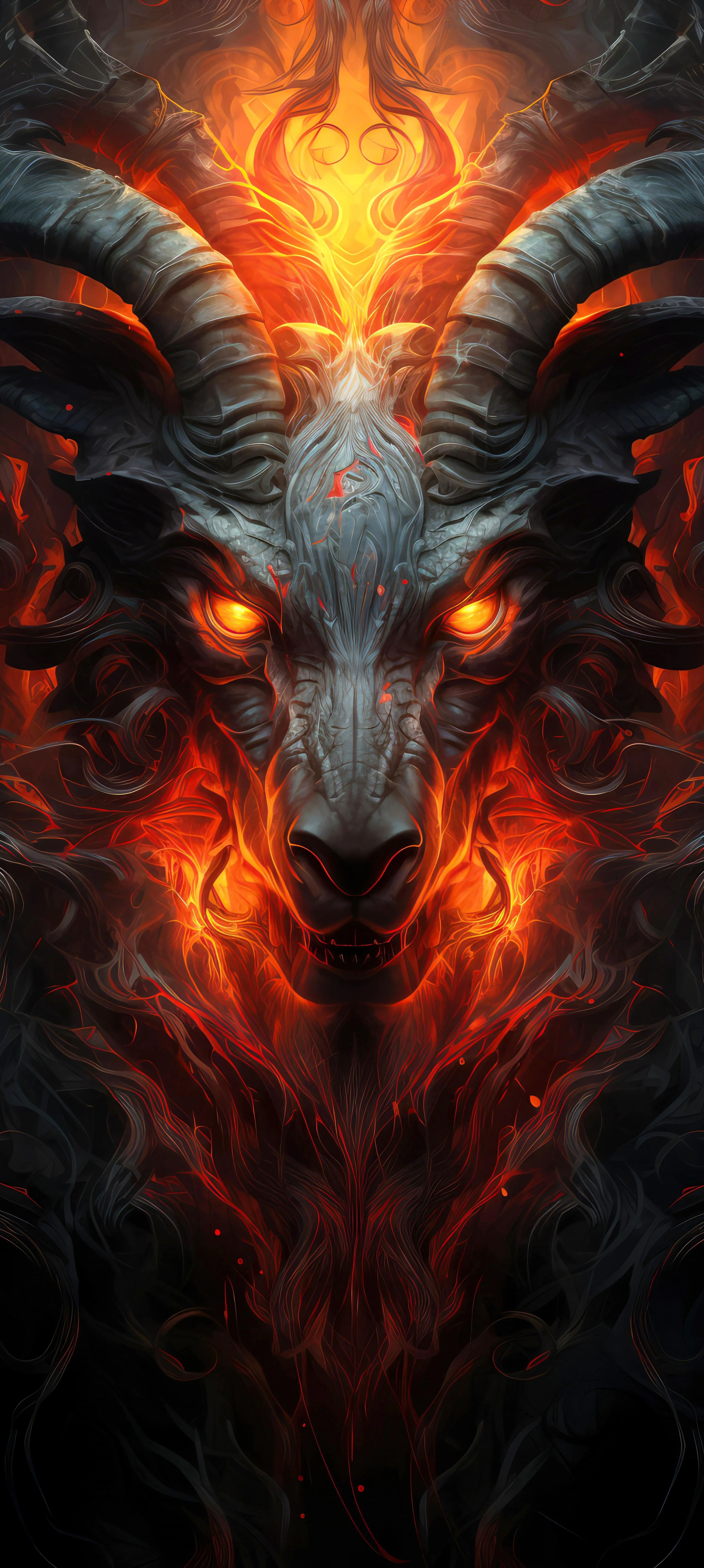 Dark Fiery Demon Face with Glowing Red Eyes Wallpaper