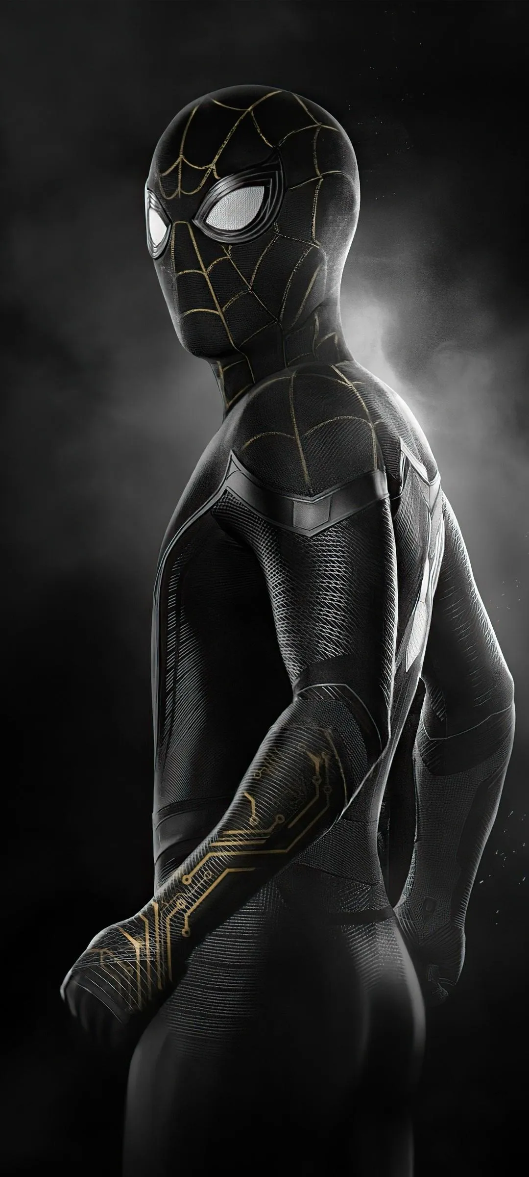 Dark Figure in Futuristic Suit Standing in Shadows