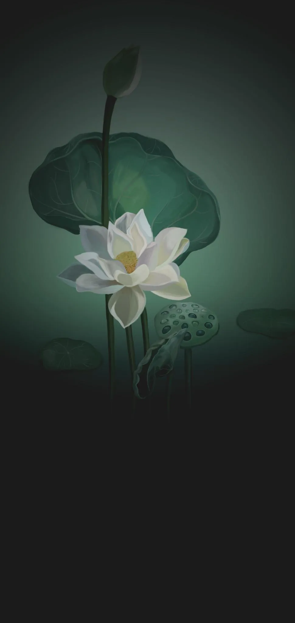 Dark Floral Design with Subtle Glow Green Accent Wallpaper