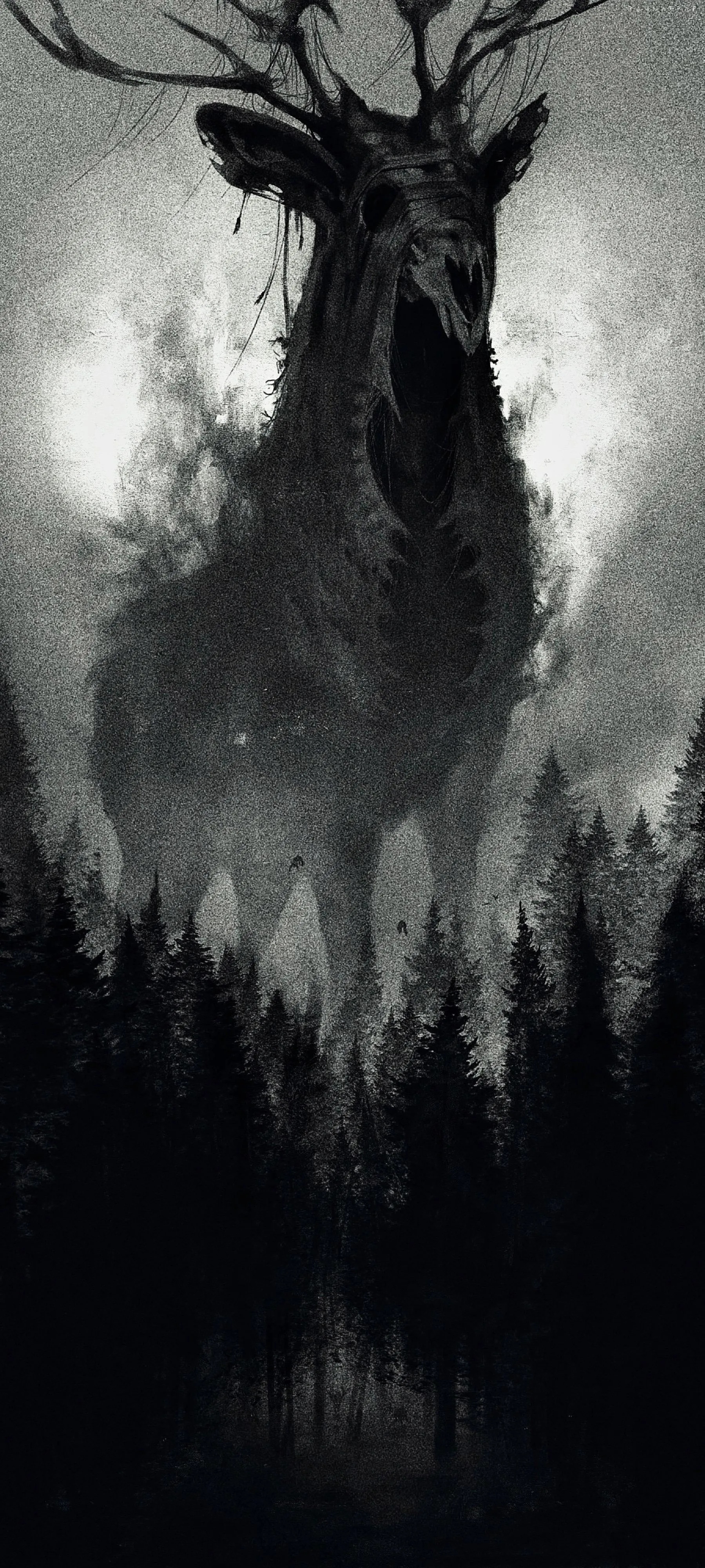 Dark Forest Scene with Mysterious Silhouetted Deer Wallpaper