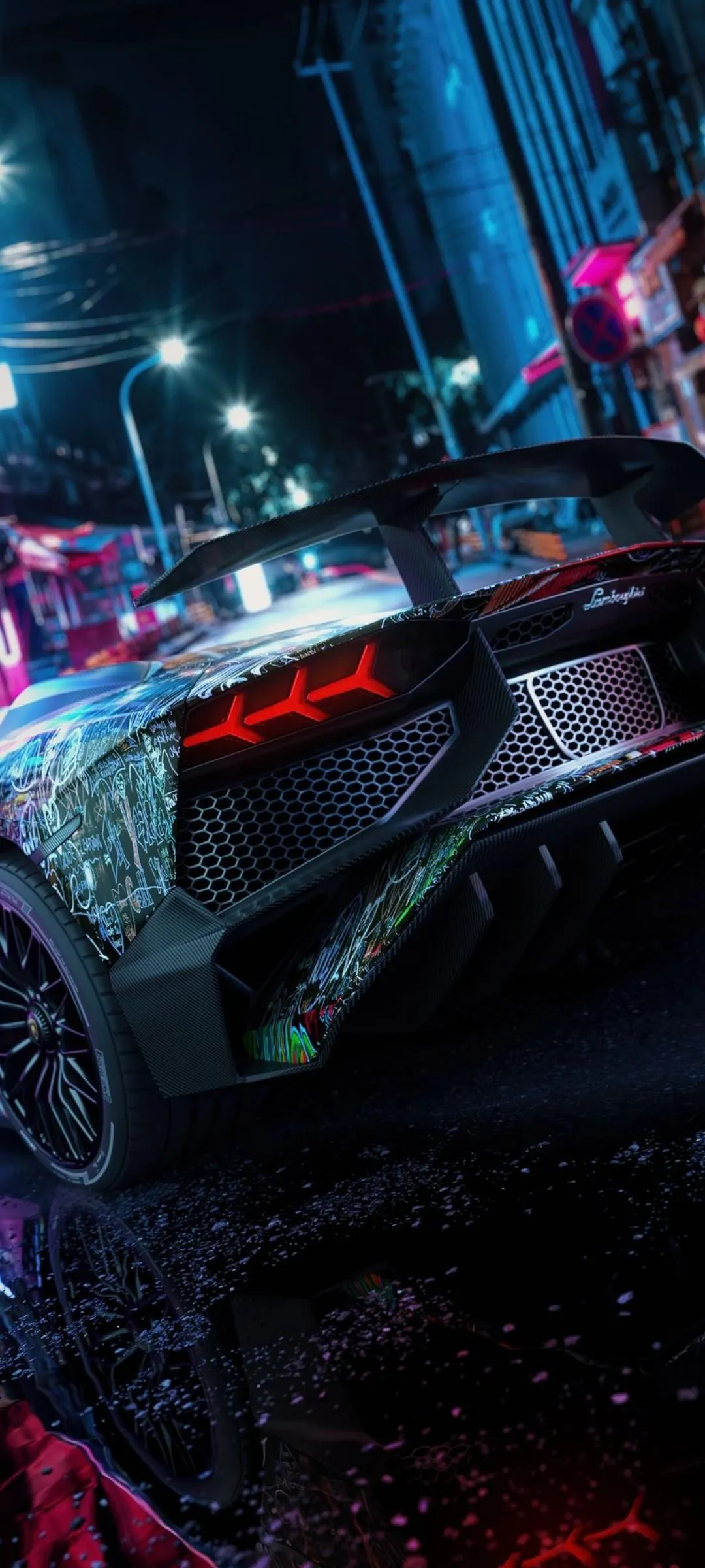 Dark Futuristic City Street with Neon Lights and Cars