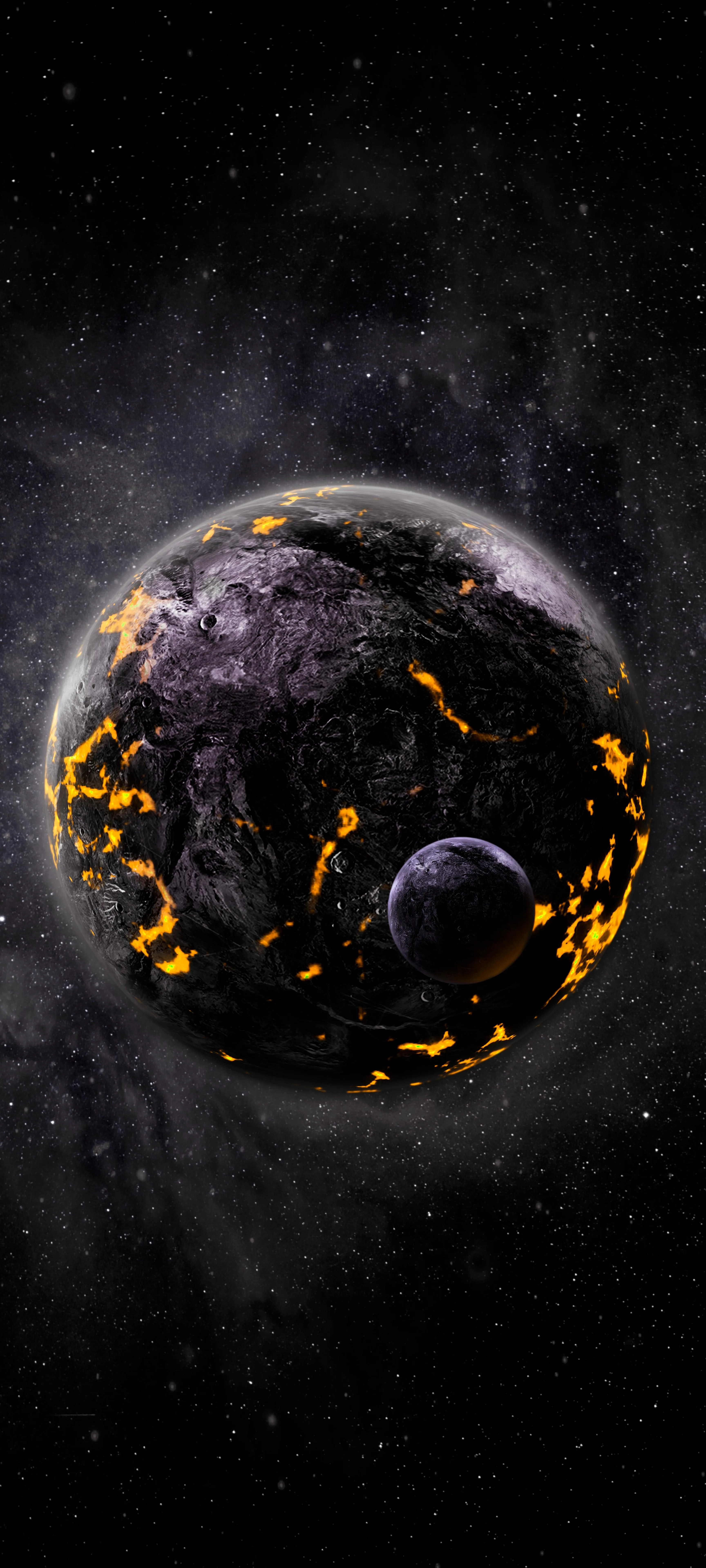 Dark Glowing Planet with Sparks Floating in Space Image