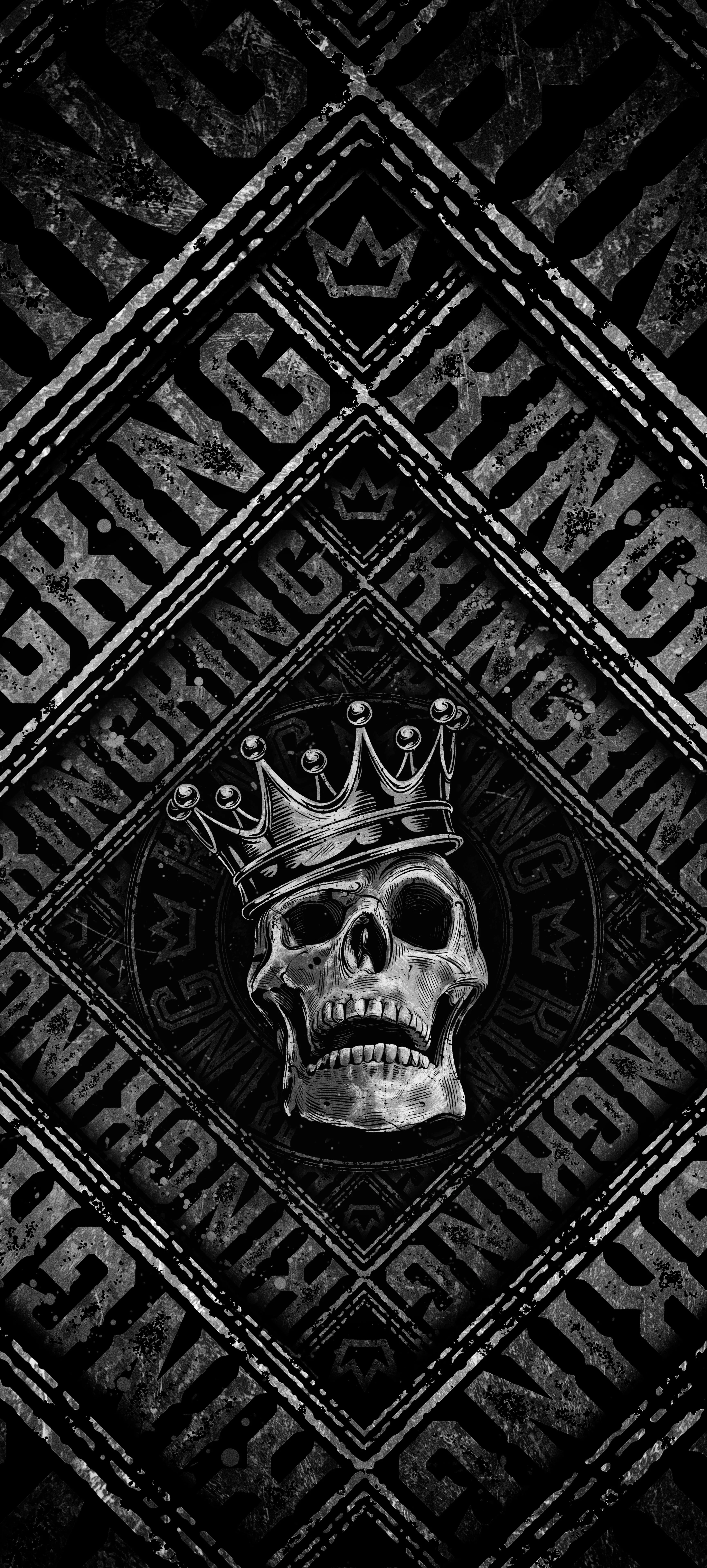 Dark Grunge Skull with Distressed Warning Text Background