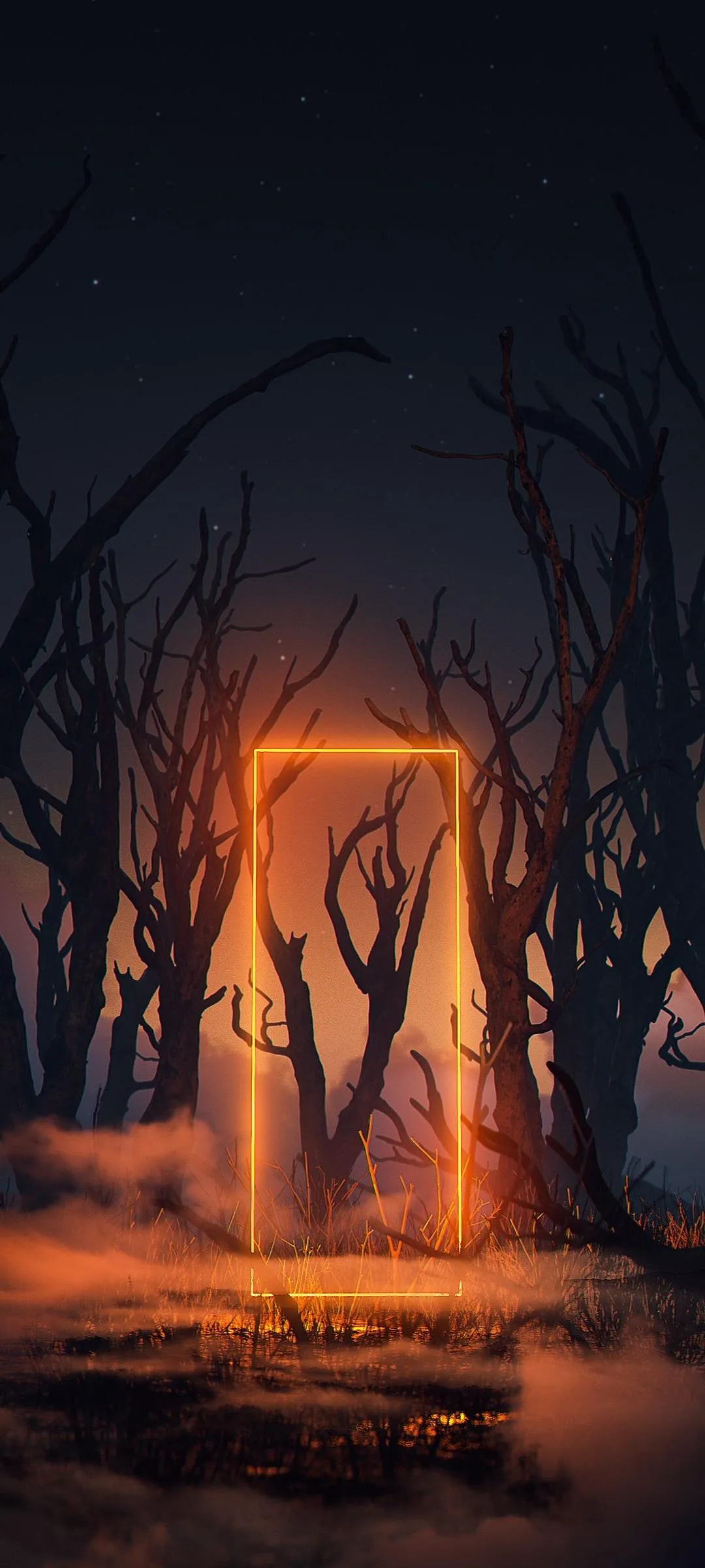 Dark Haunted Forest with Glowing Doorway Light Wallpaper