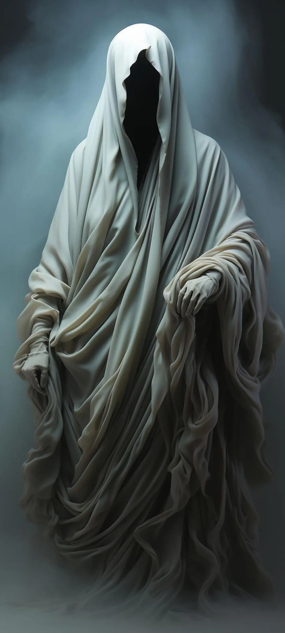 Dark Hooded Figure Standing in Foggy Background Wallpaper