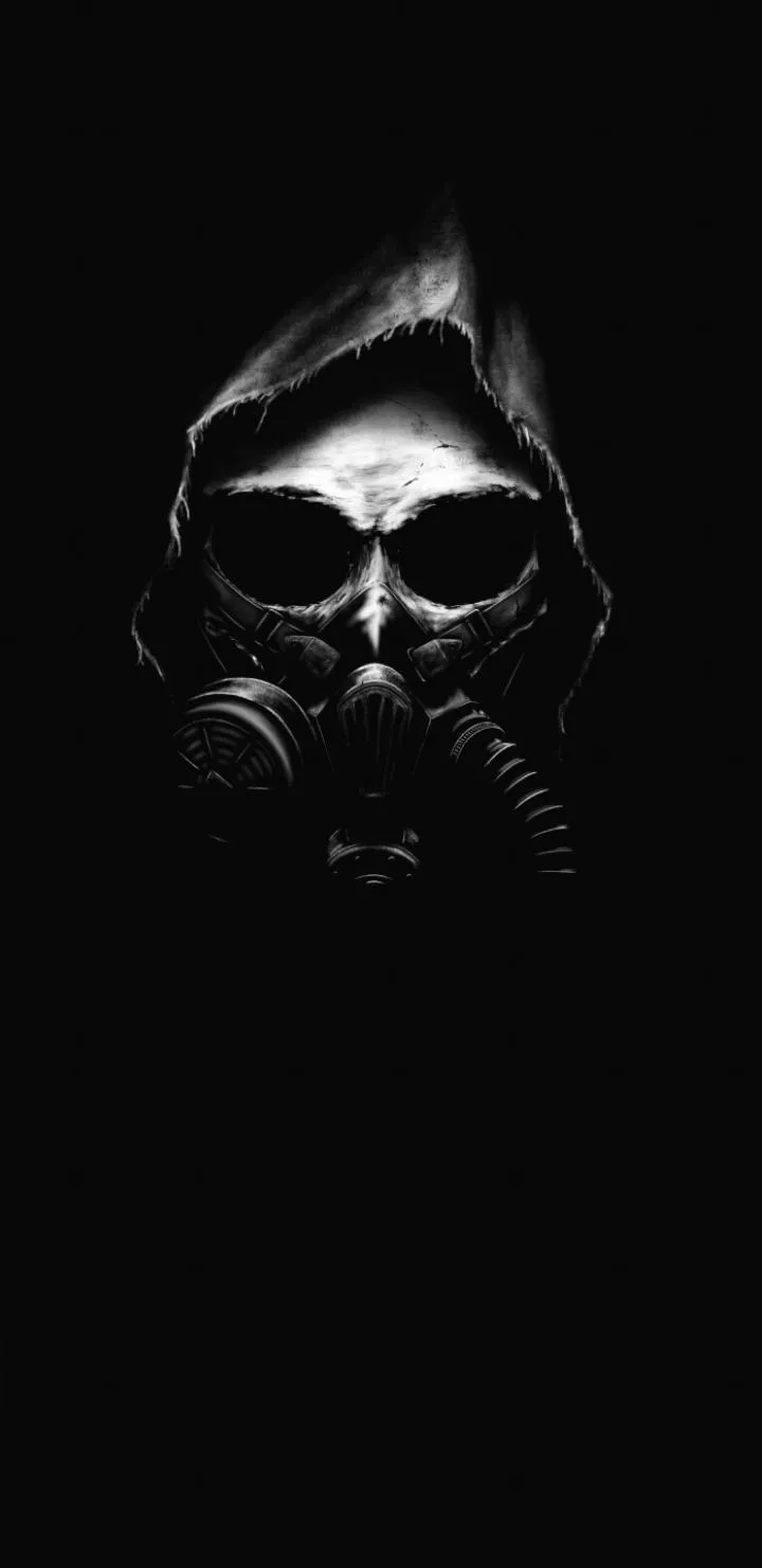 Dark Hooded Figure Wearing Gas Mask in Shadows Wallpaper