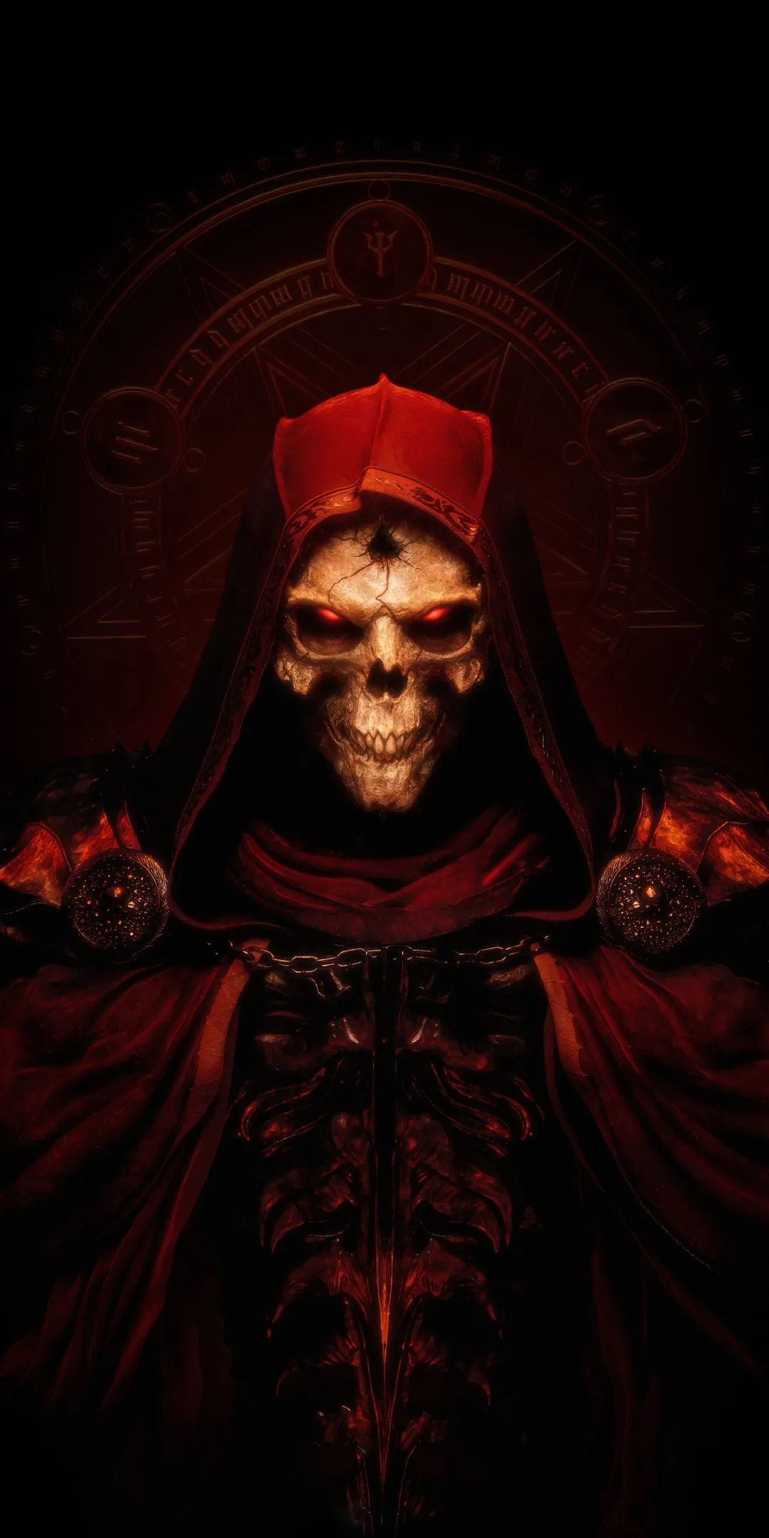 Dark Hooded Figure with Skull in Red Shadowy Cloak Wallpaper