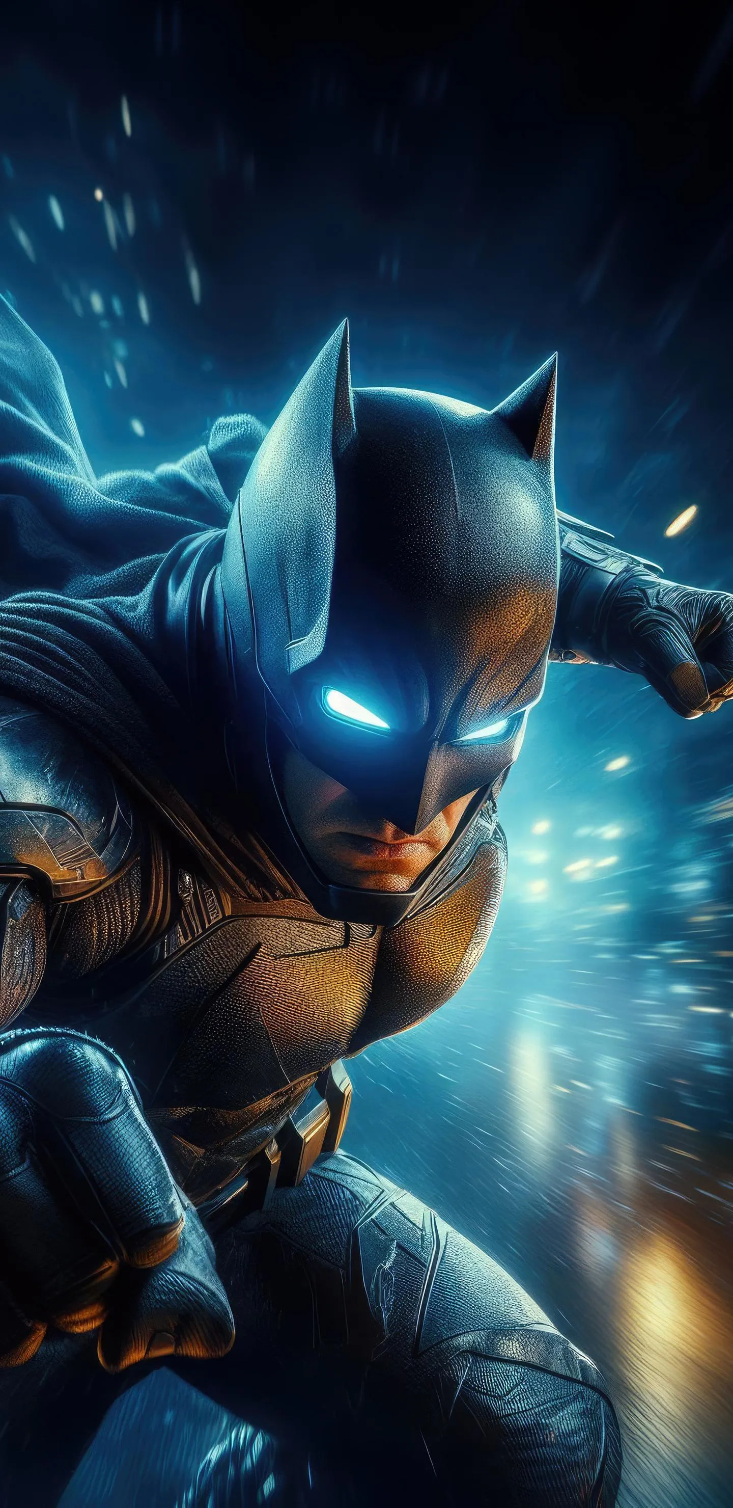 Dark Knight Batman Action Pose with Blue Glow Wallpaper