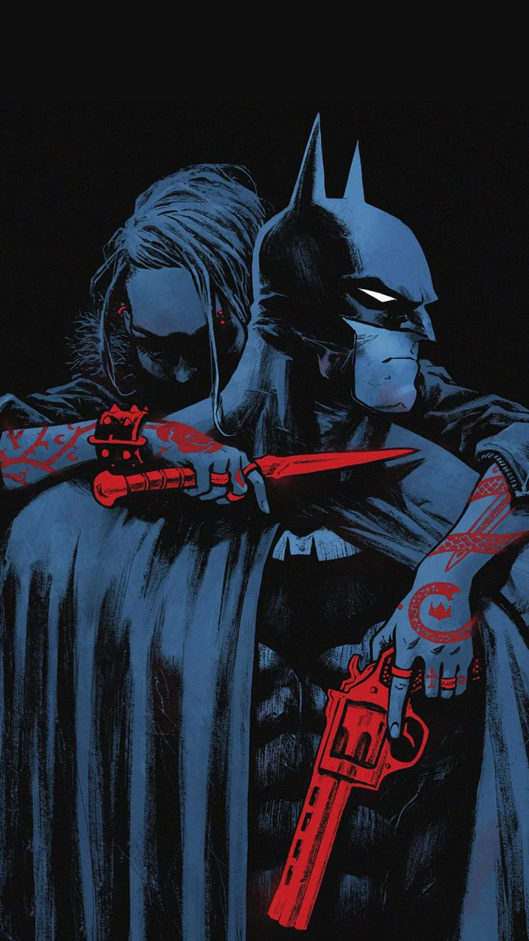 Dark Knight Stands with Ally in Stylized Red and Blue Art