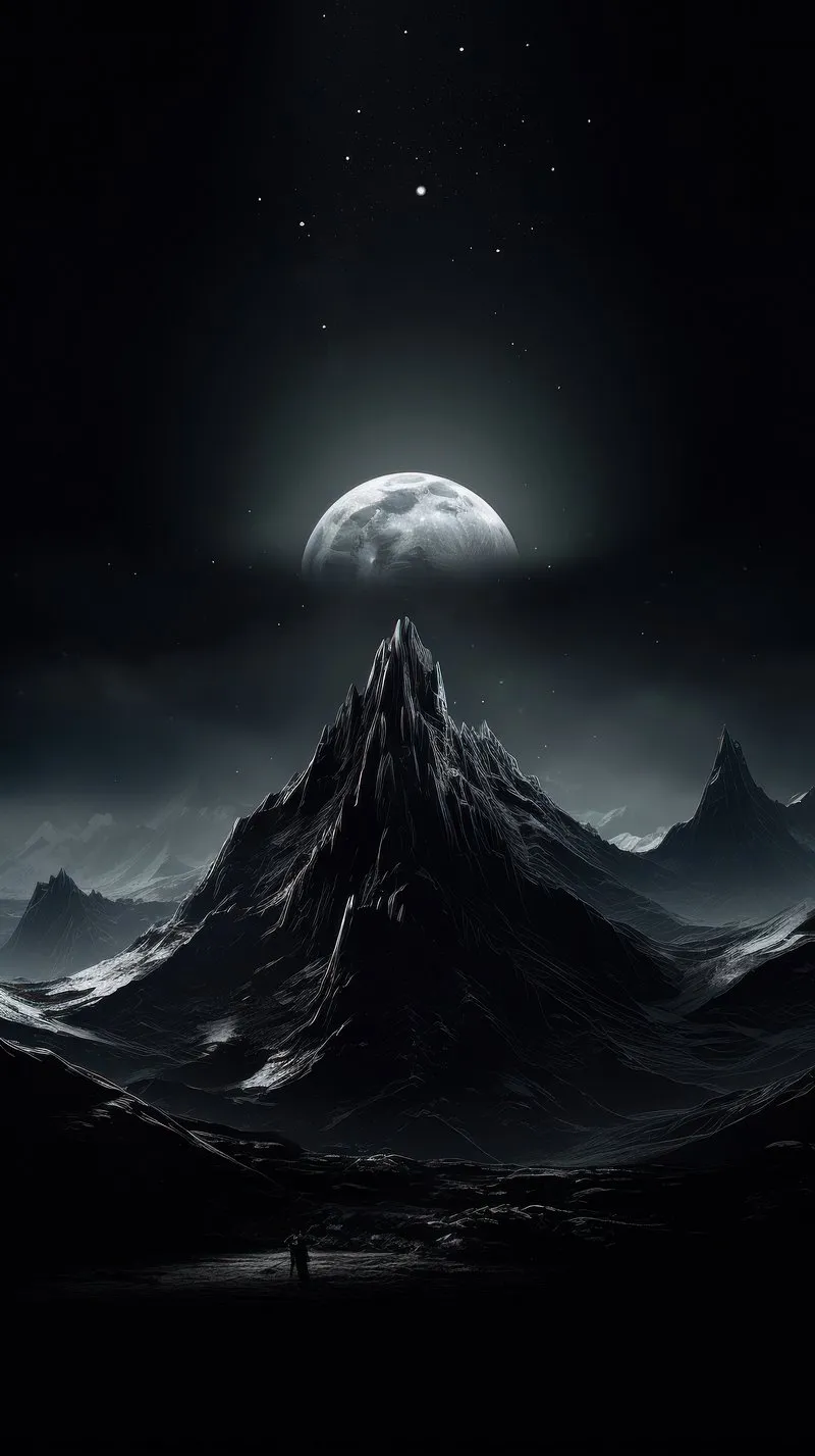 Dark Mountain Peak Rising Beneath Dramatic Moonlit Sky
