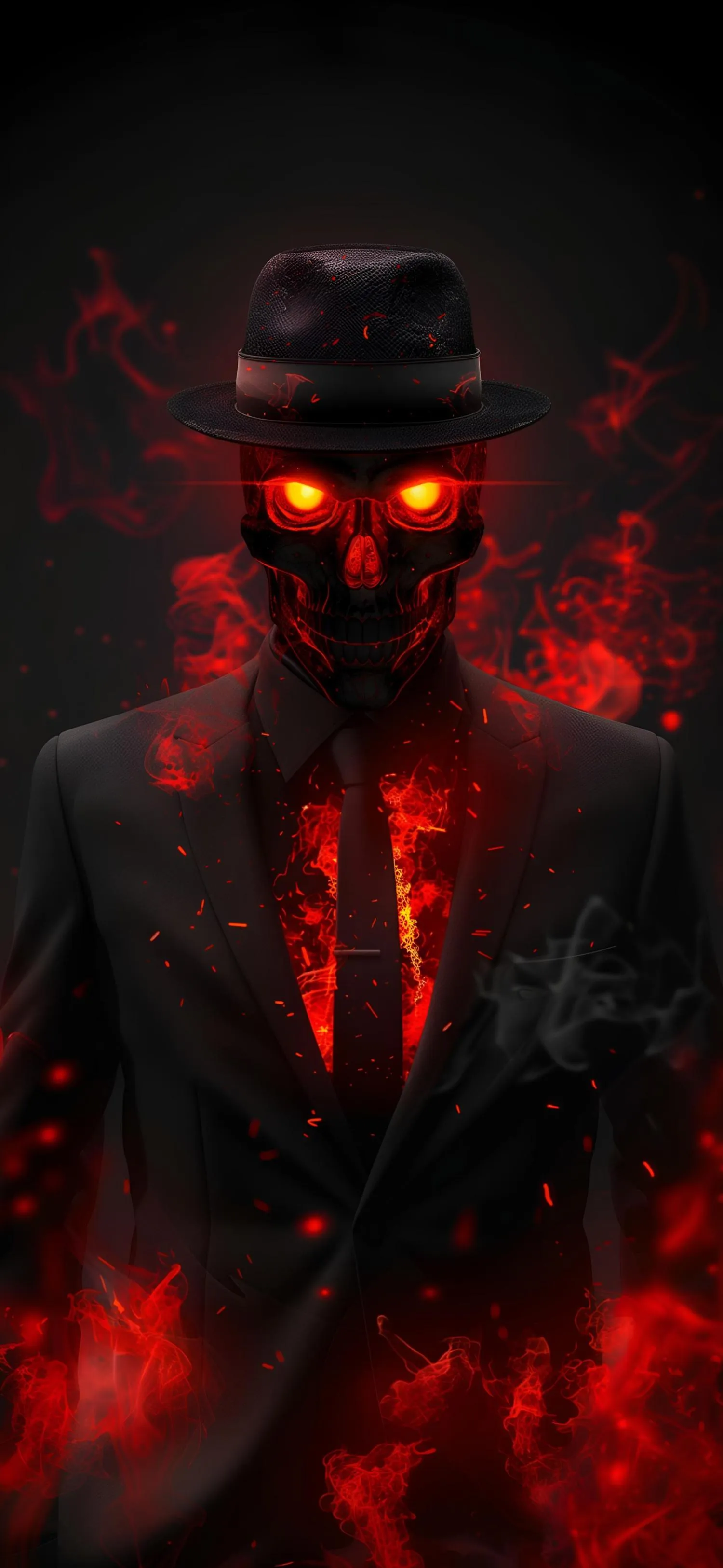 Dark Mysterious Man with Glowing Red Eyes and Background