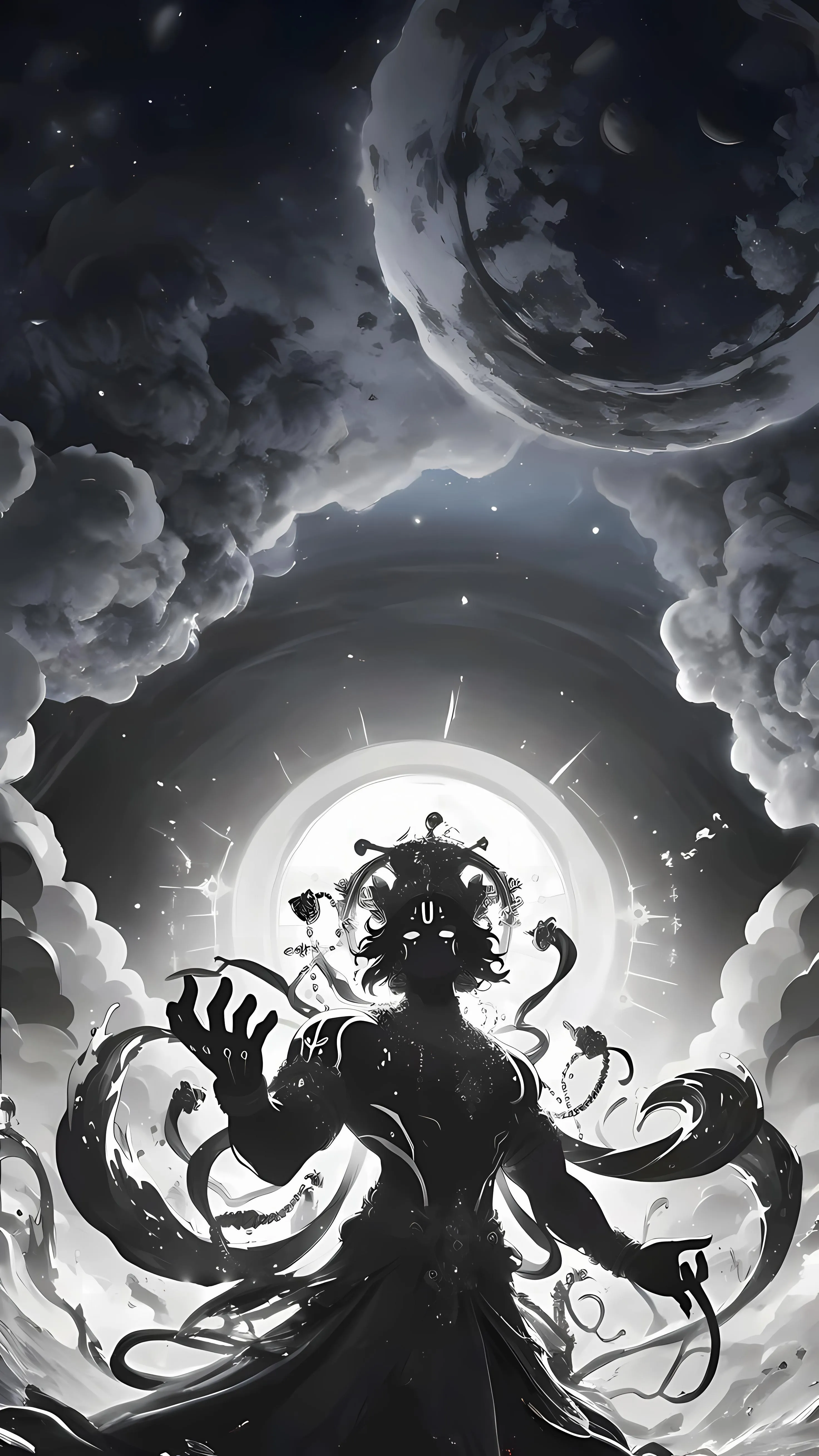 Dark Mythic Figure Rising Within a Storm of Cosmic Energy