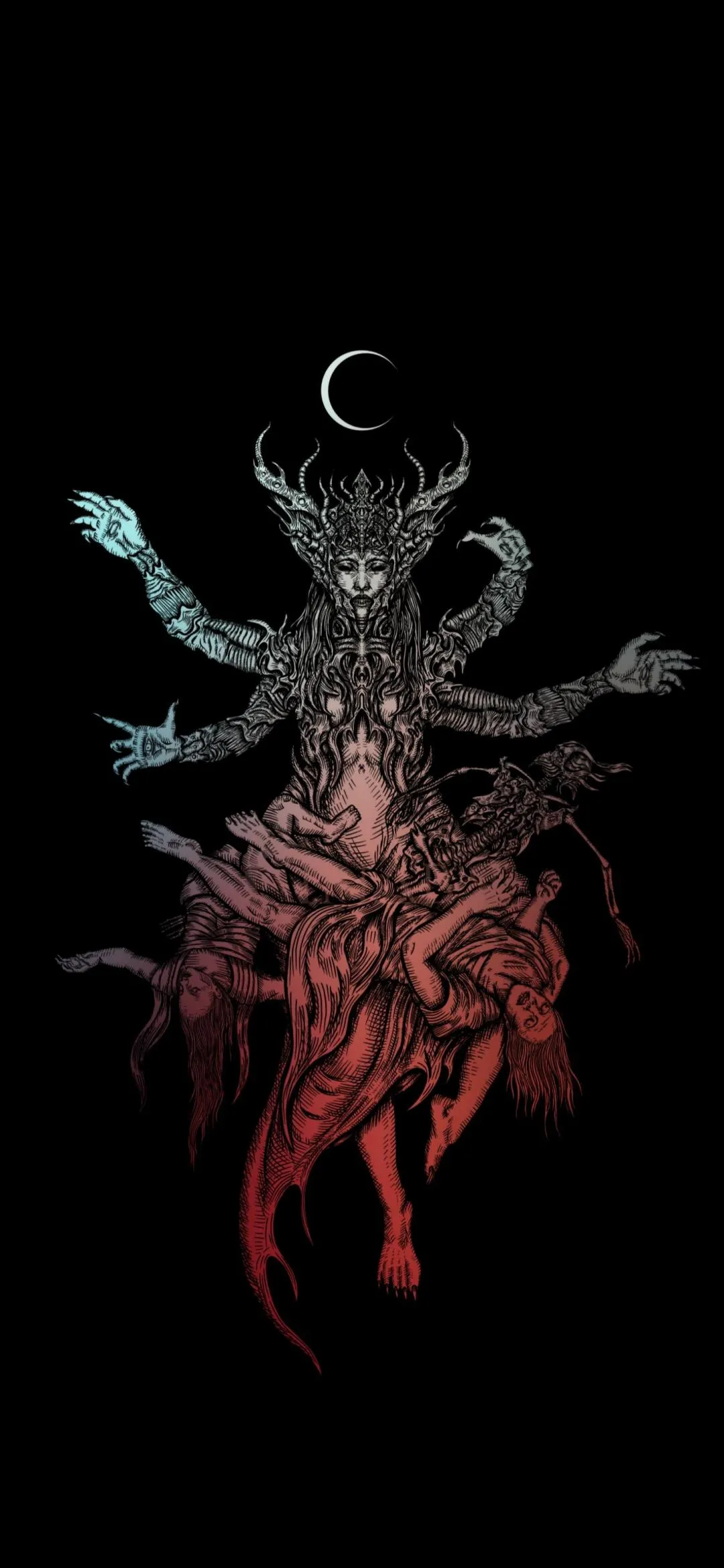 Dark Mythical Creature with Crescent Moon Above Image