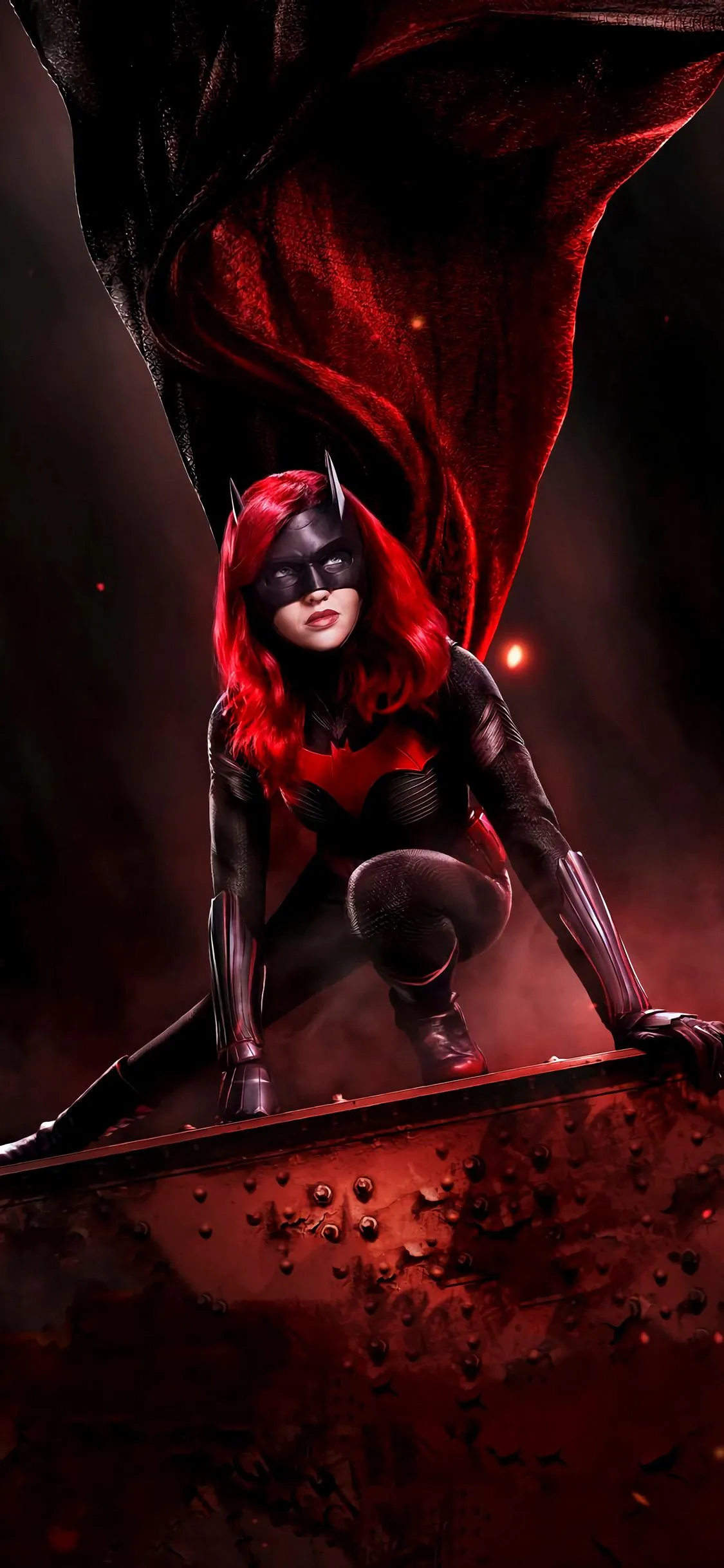 Dark Red Masked Figure in Glowing Mechanical Aesthetic