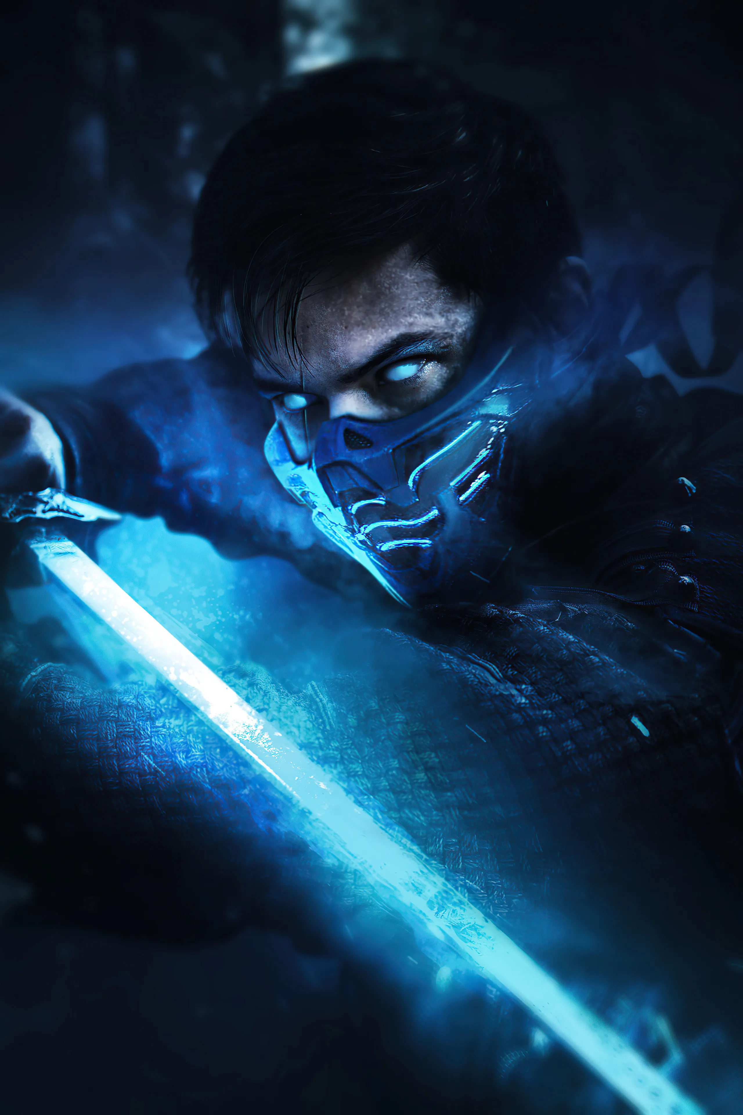 Dark Scene with Character Holding a Blue Lightsaber Image