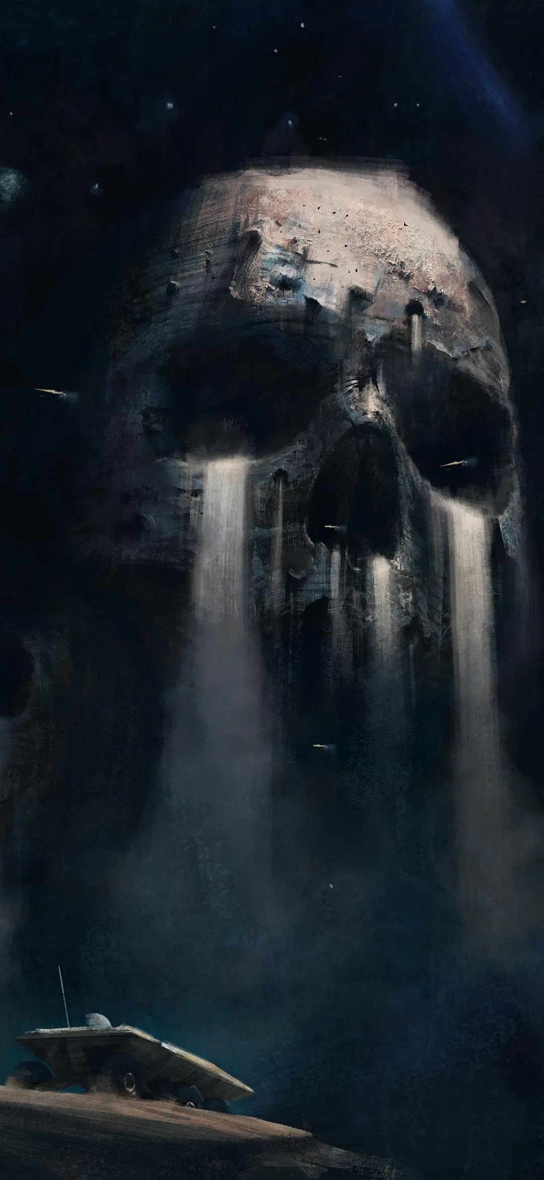Dark sci fi scene with skull shaped mountain and rover
