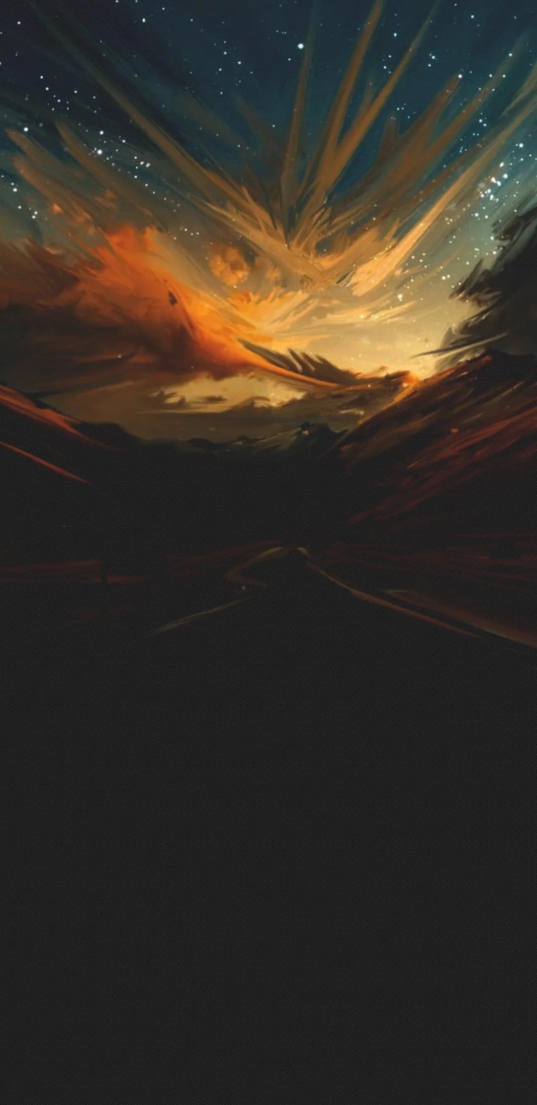 Dark Sky Lit by Fiery Clouds and Mountain Silhouette