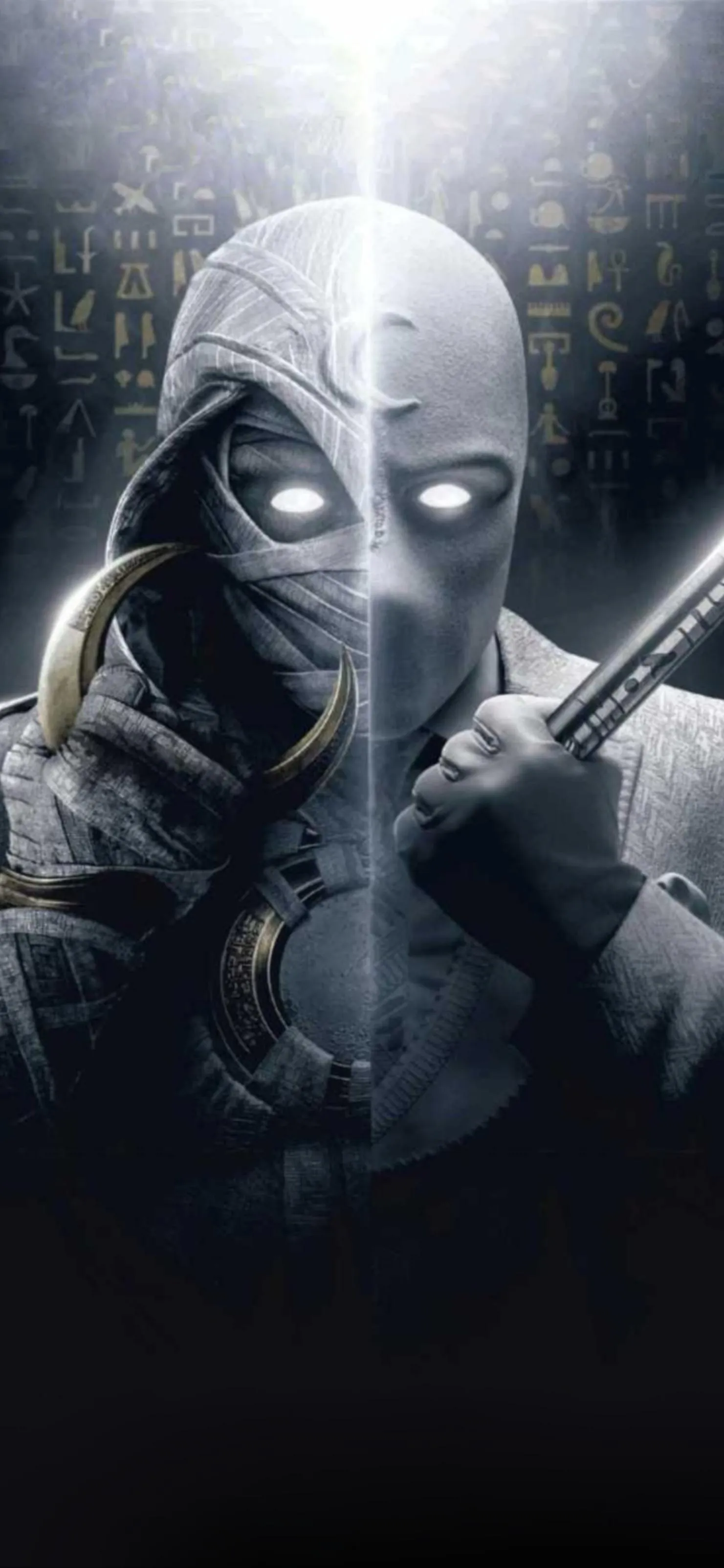 Dark Superhero with Glowing Eyes in Monochrome Scene