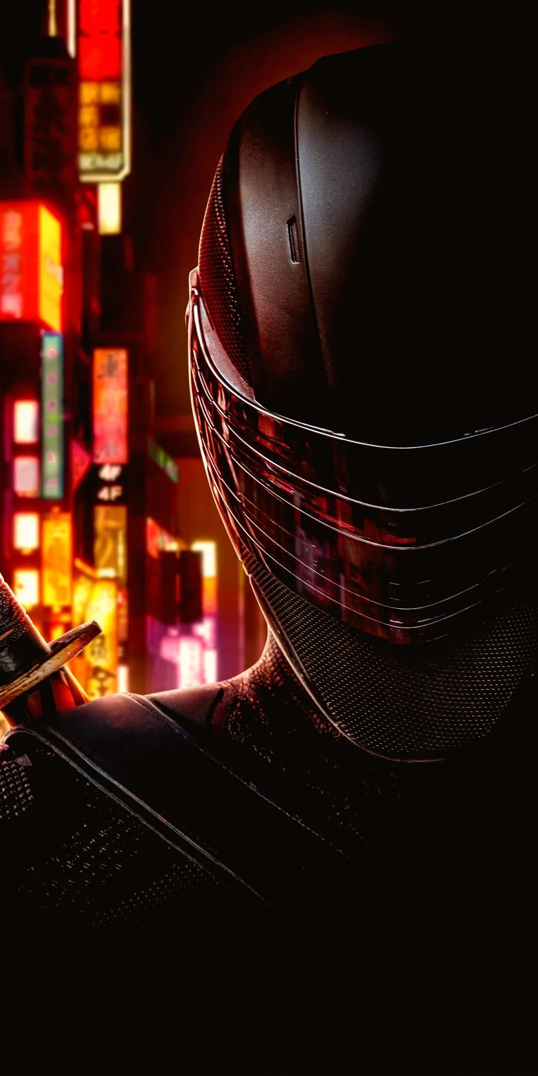 Dark Warrior in Helmet Under Red City Neon Lights Image