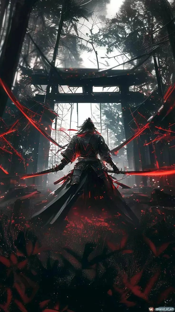 Dark Warrior in Red Mist Surrounded by Dramatic Light 4K
