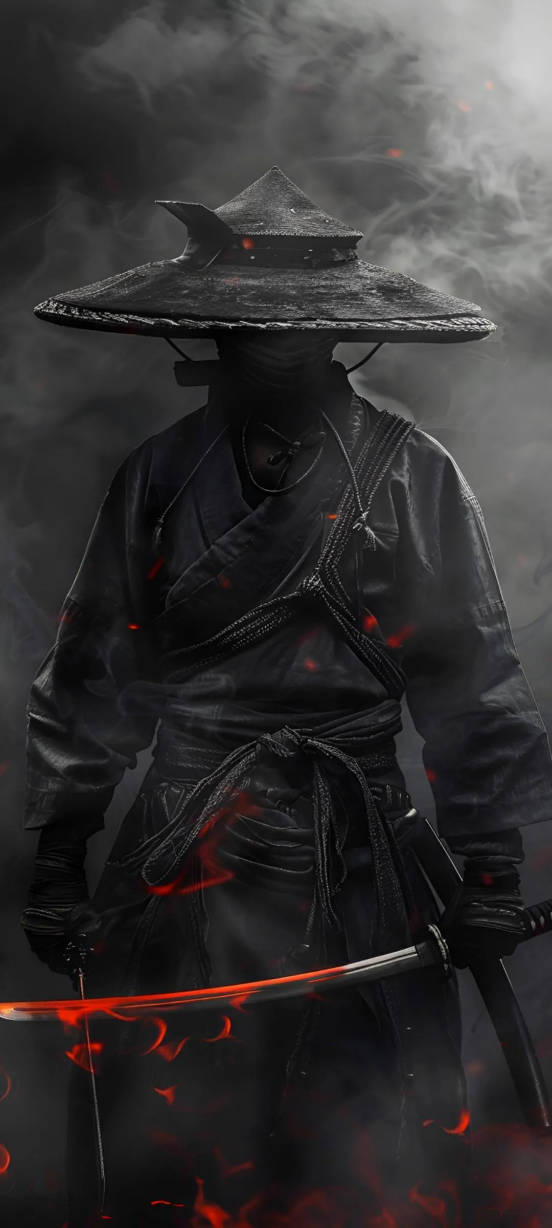 Dark Warrior Standing in Foggy Battlefield Wallpaper