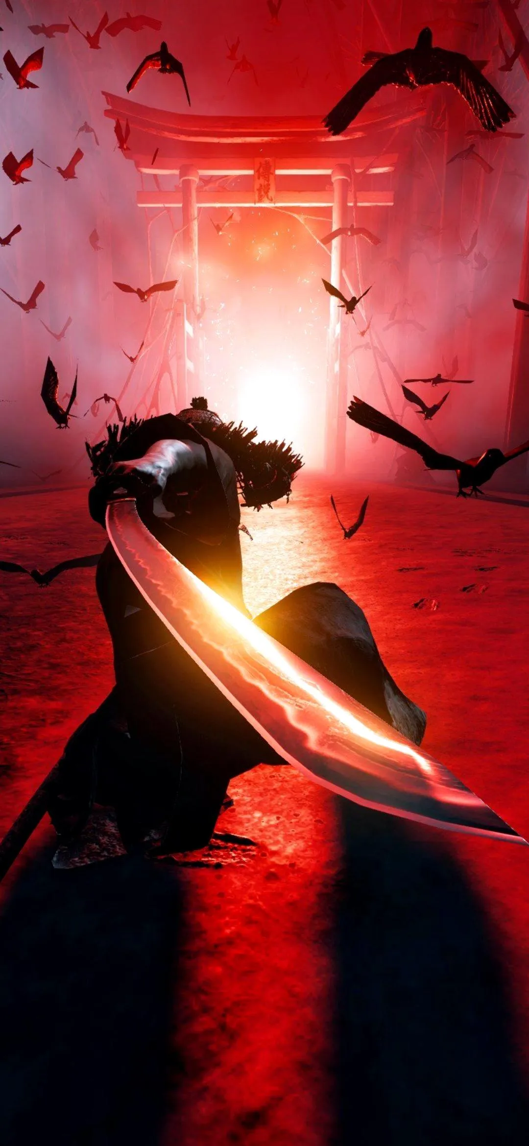 Dark Warrior Stands Ready Amidst Crows in a Crimson World