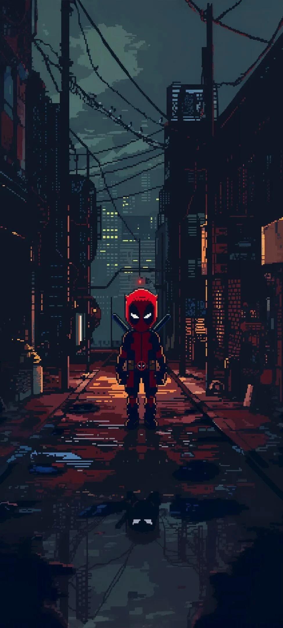 Deadpool in Cyberpunk City Street with Neon Lights at Night