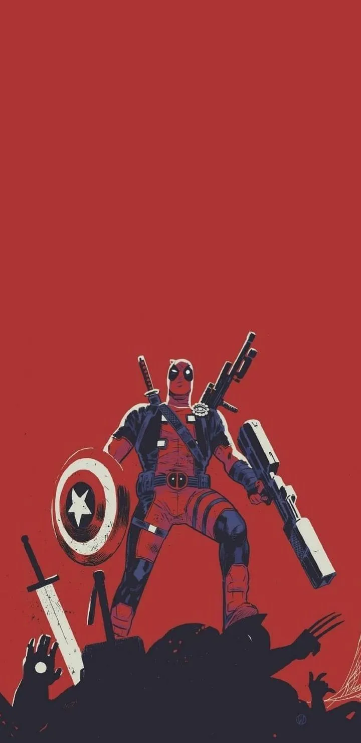 Deadpool Stands Victorious with Shield and Heavy Weapons