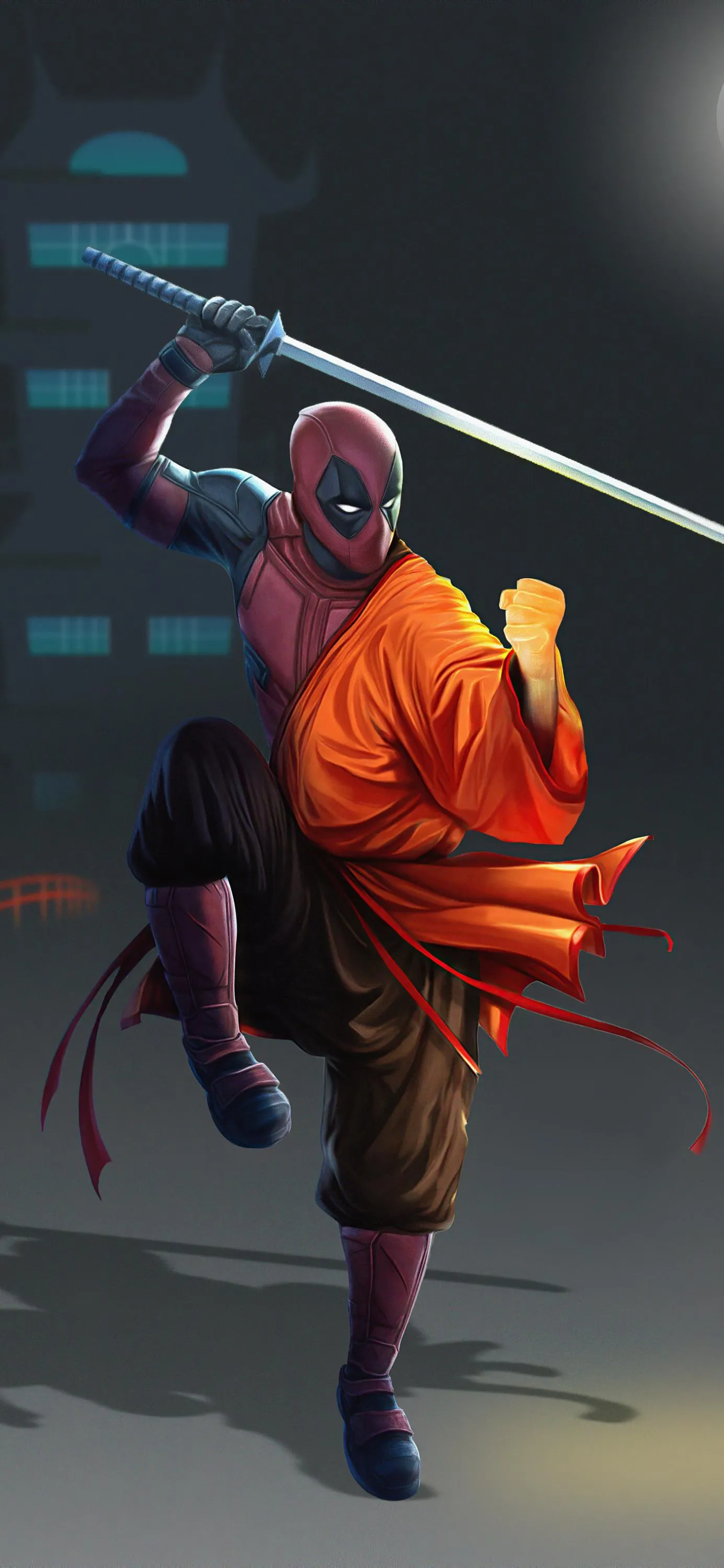 Deadpool Warrior in Monk Robes Wields Glowing Sword