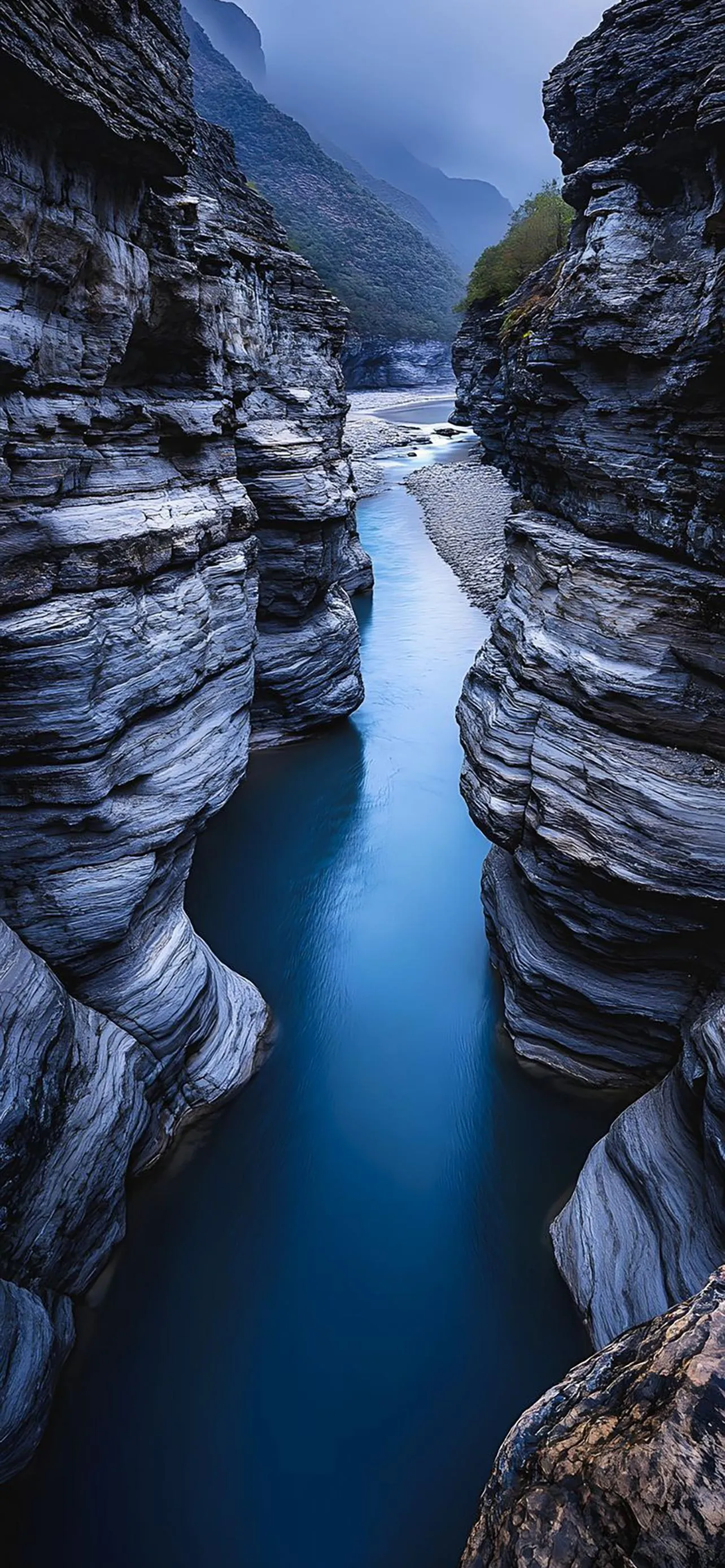 Deep Blue Canyon with Flowing Water and Rocky Walls
