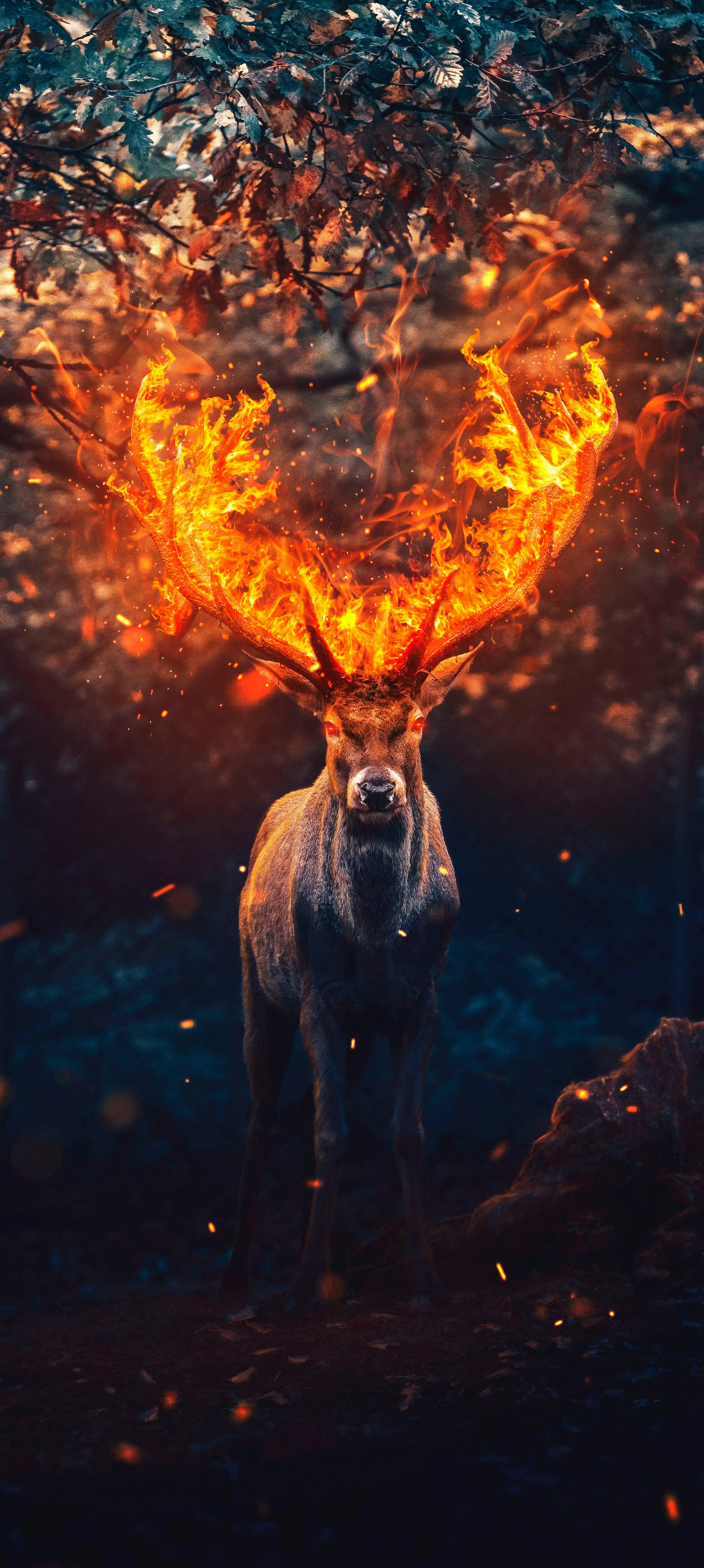 Deer with Flaming Antlers Standing in Dark Mystical Forest