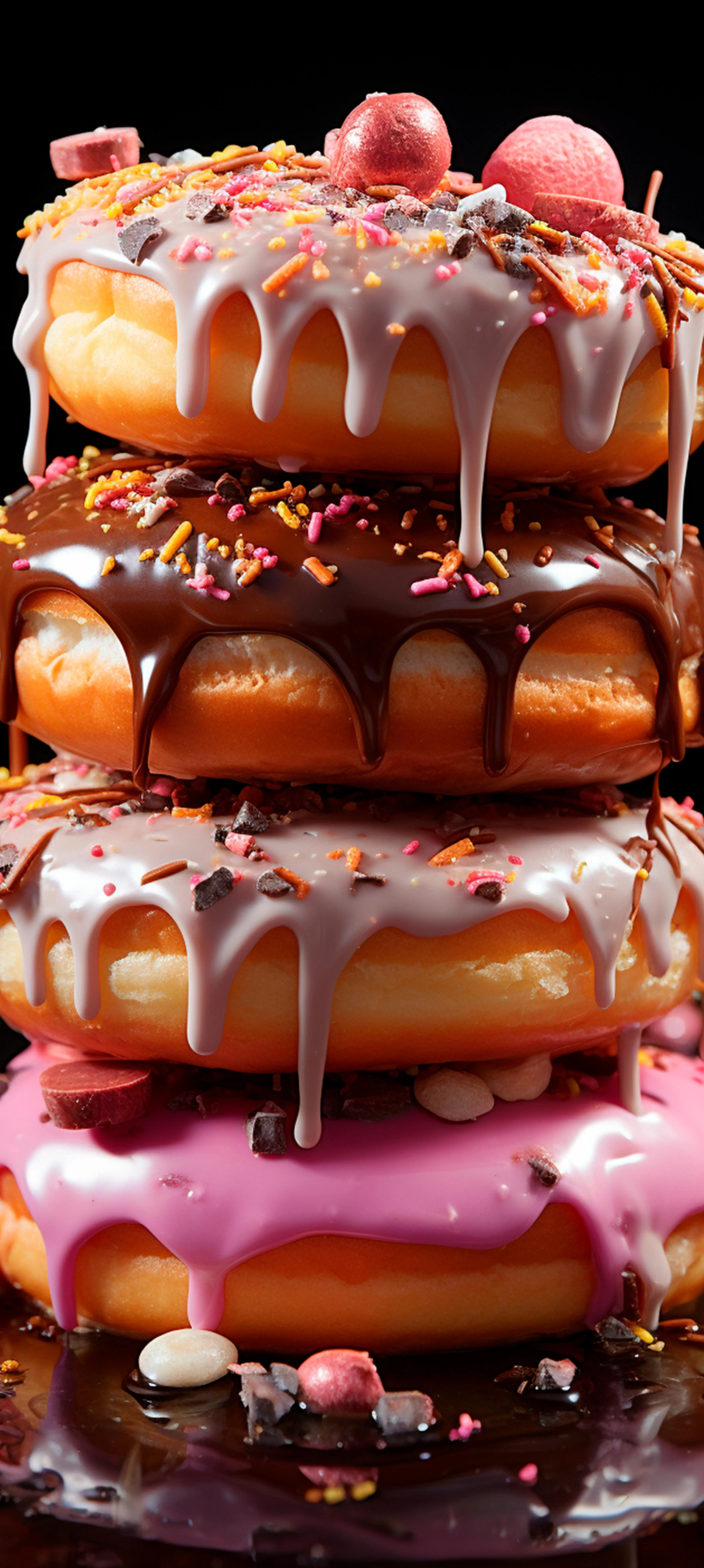 Delicious Stack of Glazed Donuts with Toppings and Icing