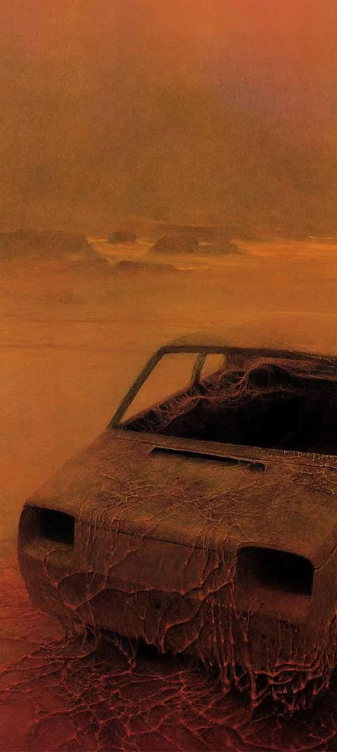 Desert Car Scene Under Warm Orange Dusty Sky Mood Wallpaper
