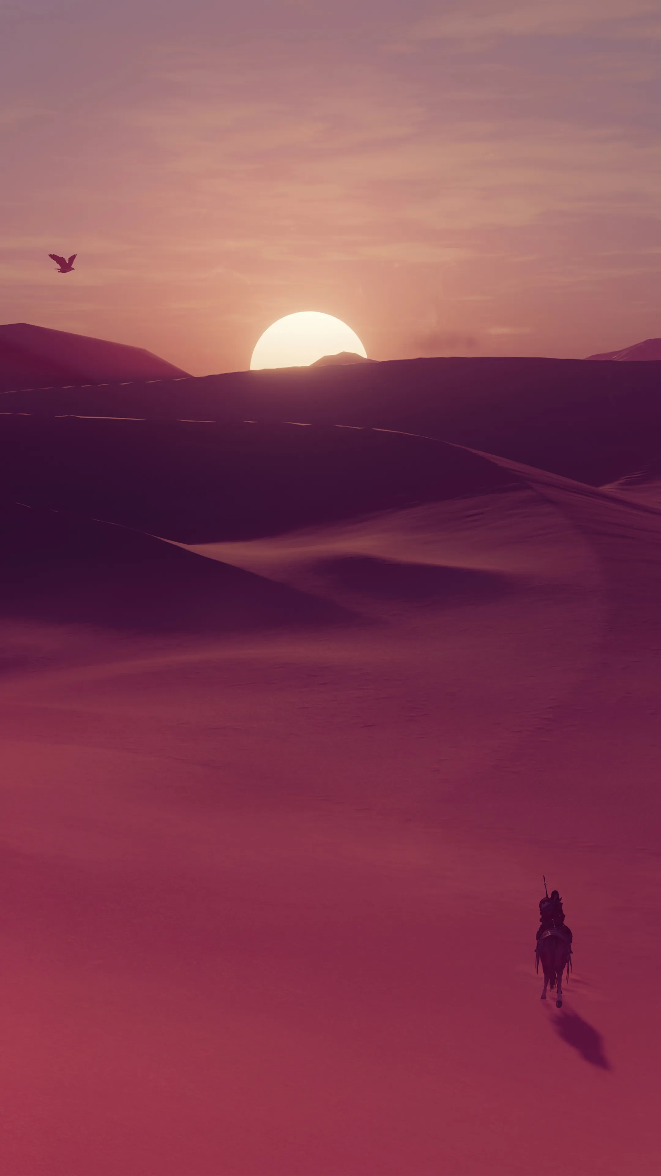 Desert Scene at Sunset with Dunes and Silhouette Figure