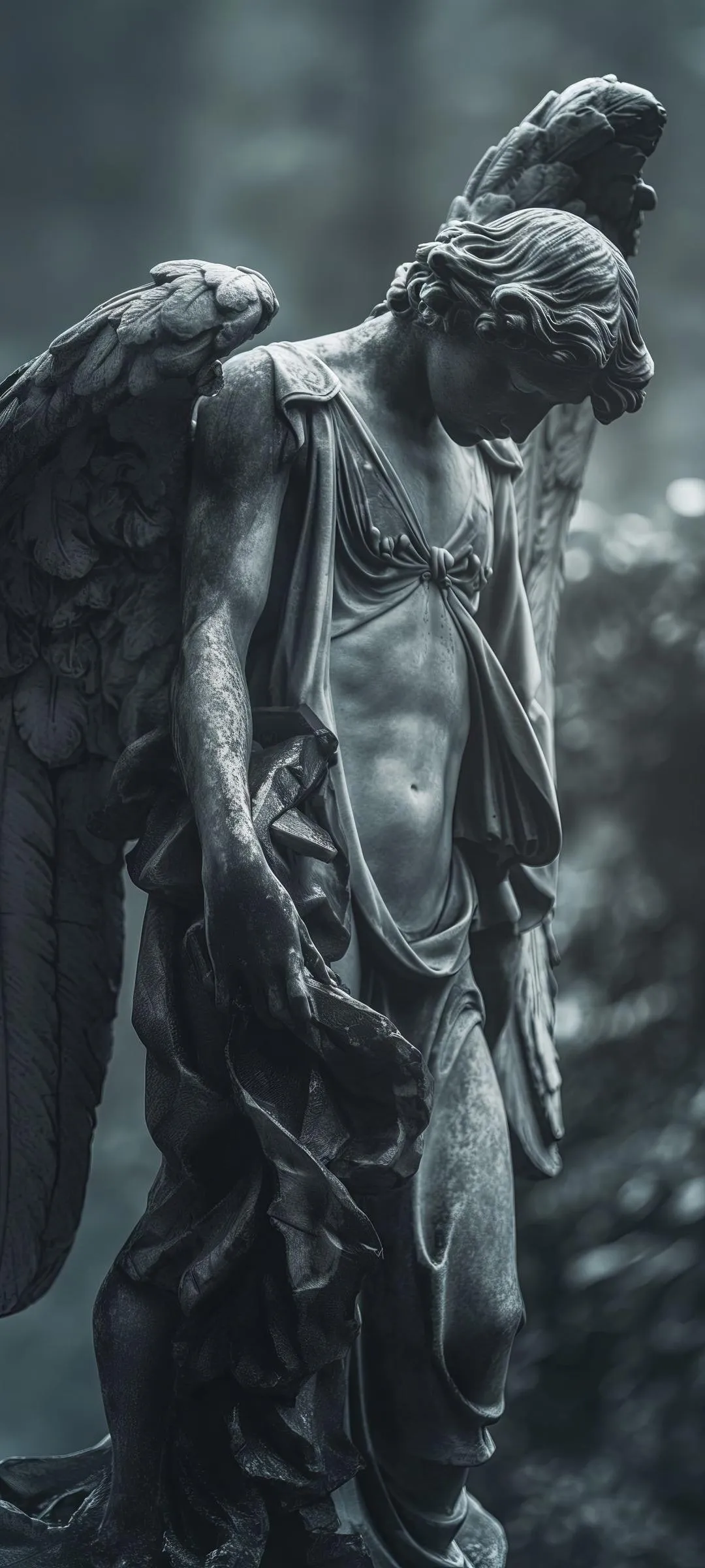 Detailed Stone Angel Statue in Somber Pose Wallpaper