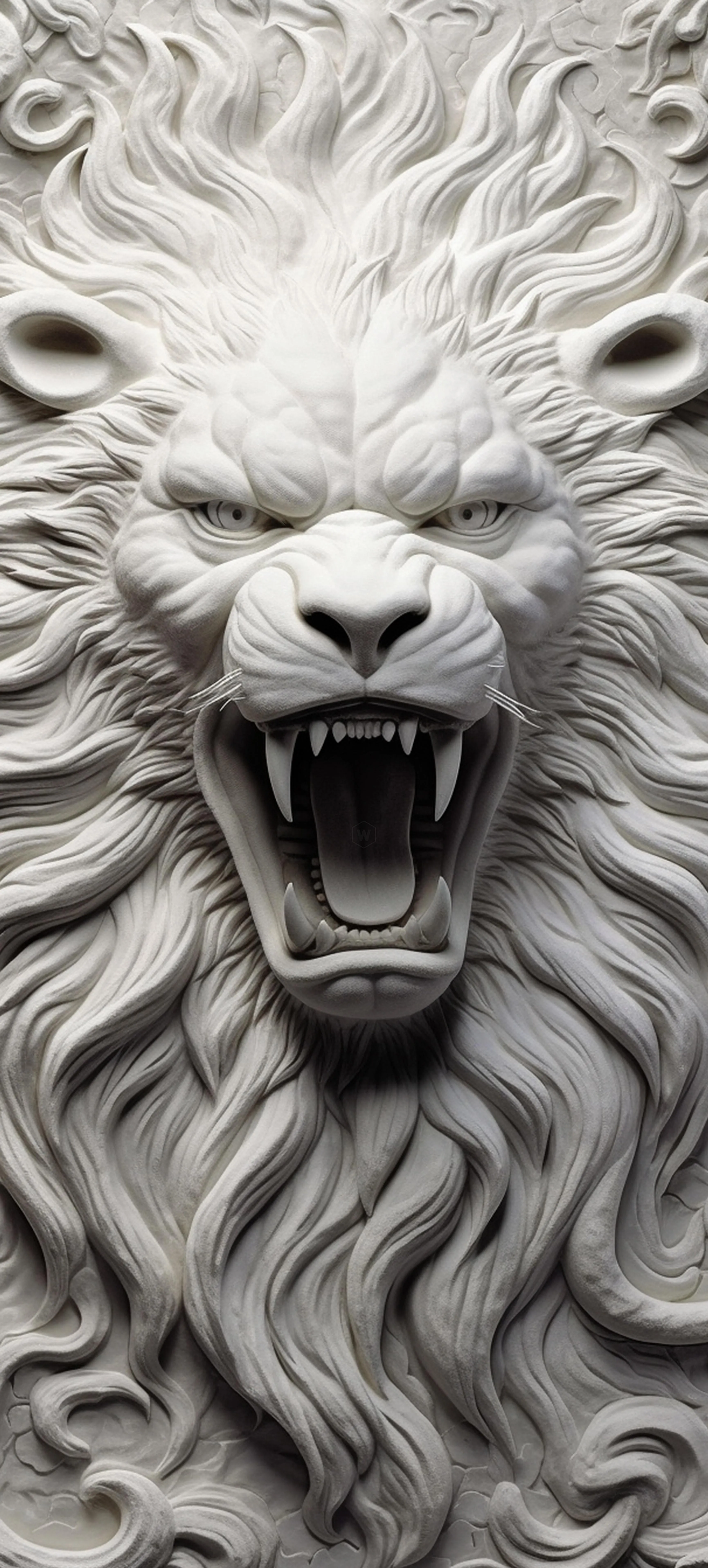 Detailed White Lion Head Sculpture with Fierce Expression