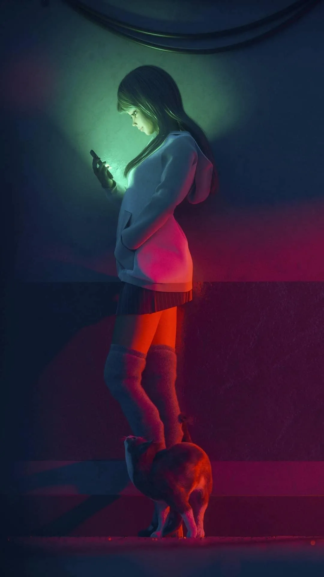 Digital Art Girl in Red and Blue Neon Light Scene Wallpaper