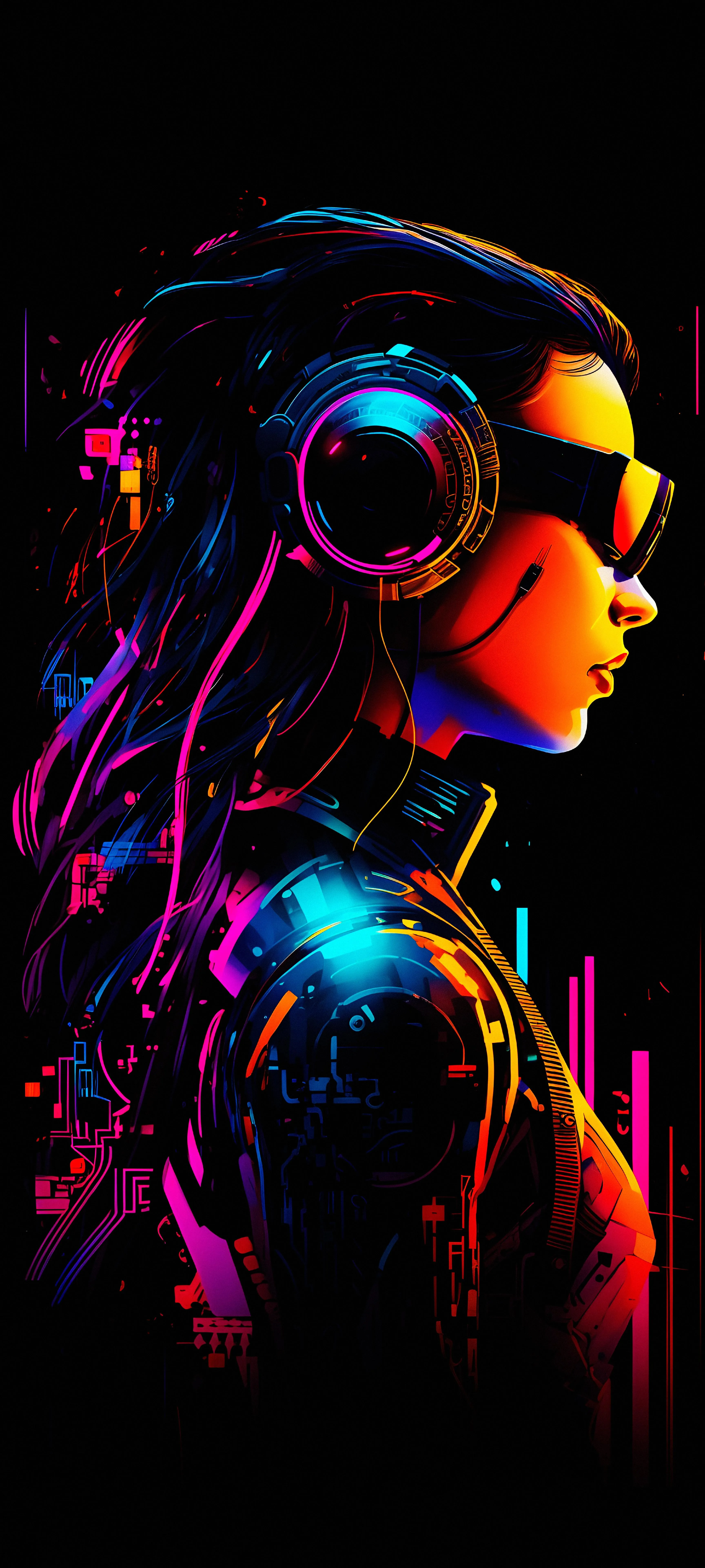 Digital Art of a Woman Wearing Headphones with Neon Lights