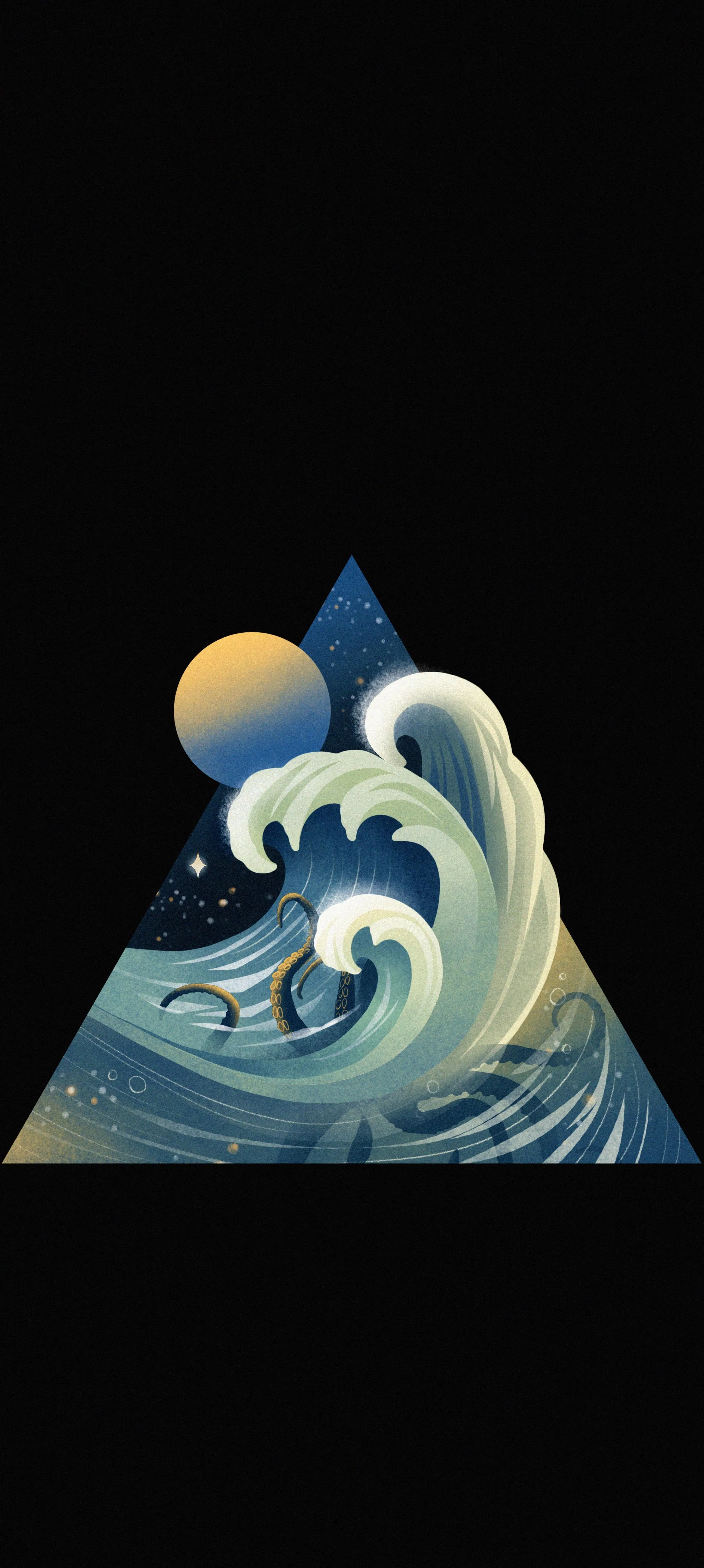 Digital Art of Wave with Planets in a Black Sky Wallpaper