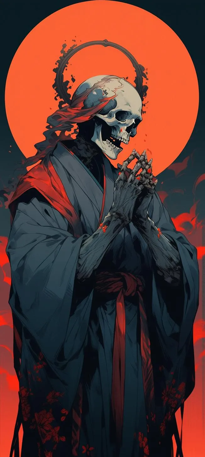 Digital Skull Monk Character Red Aura Mobile Wallpaper