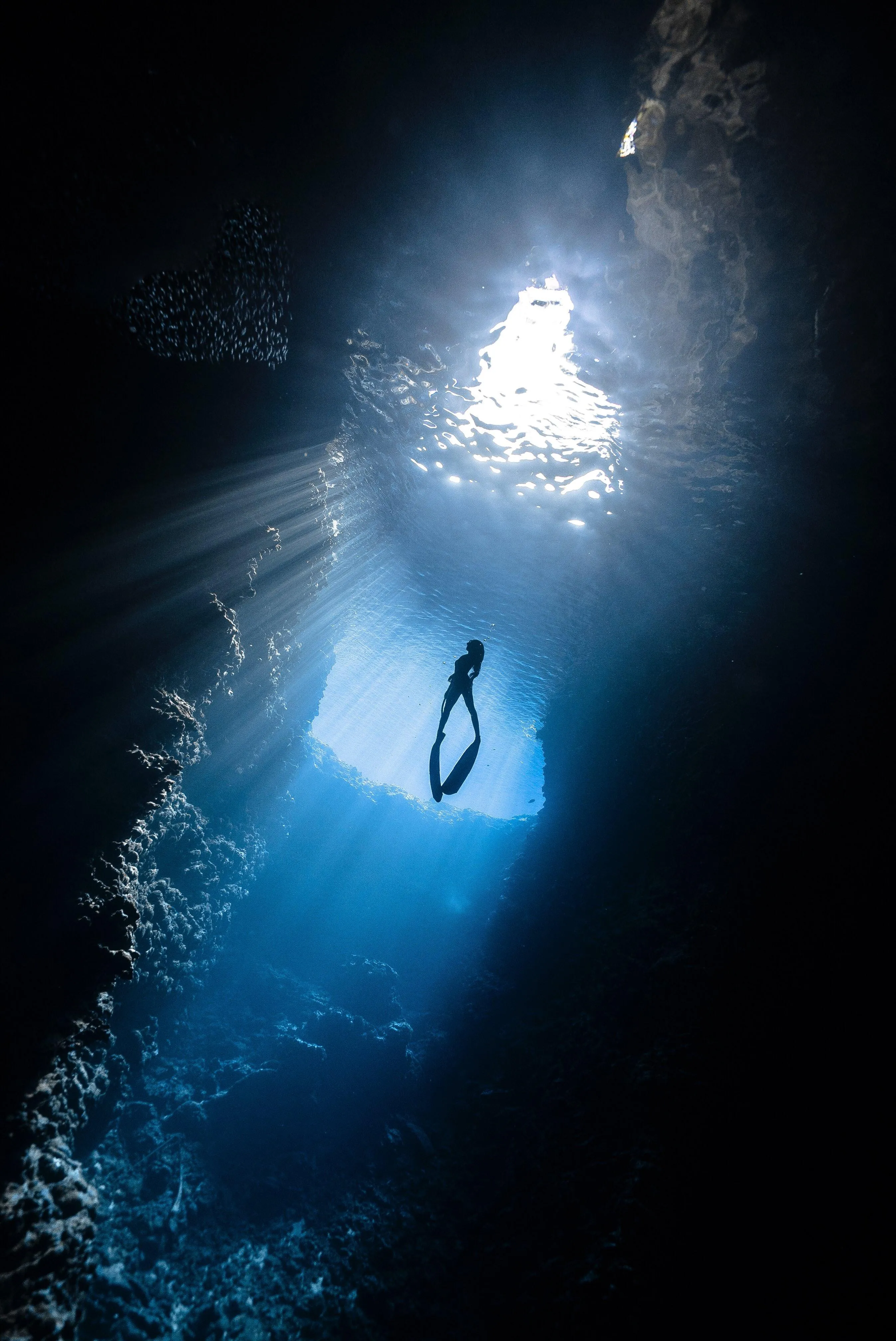 Diver Swimming Toward Deep Blue Light in Ocean Depths