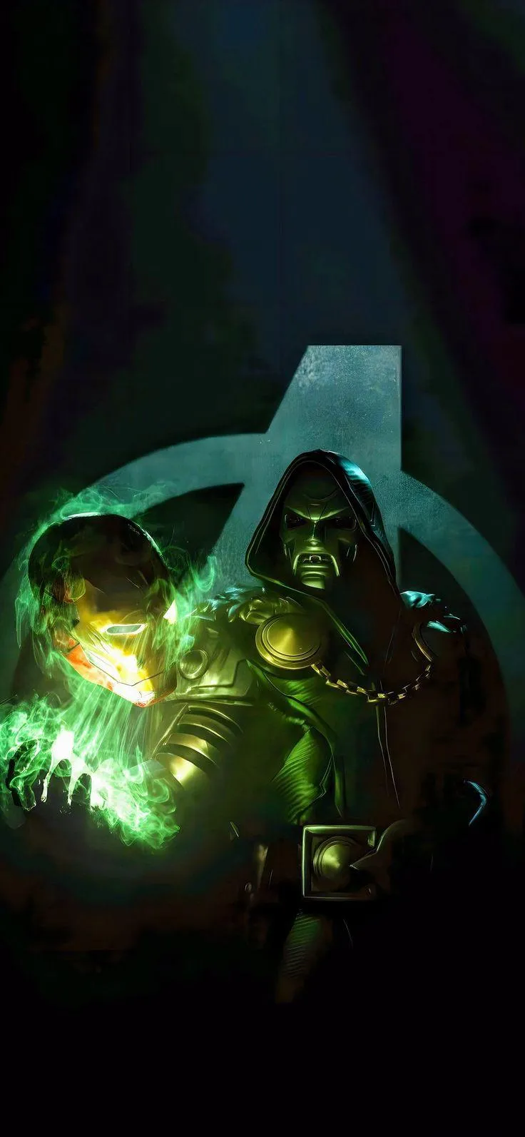 Doctor Doom holding Iron Man helmet with power glow