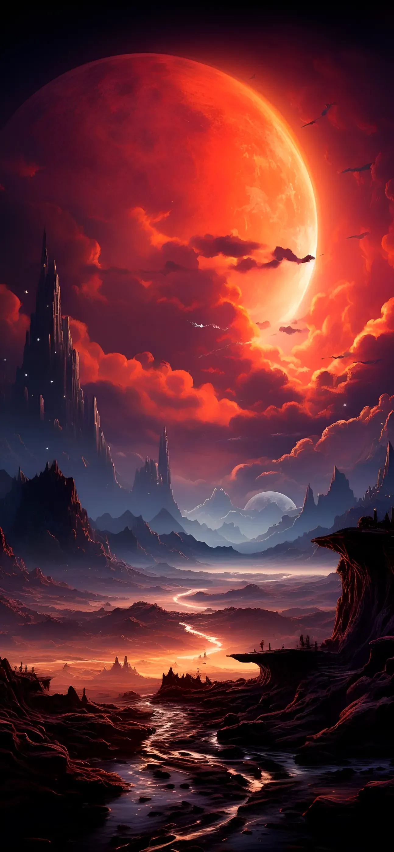 Dramatic Red Planet with Moons and Dark Mountain Landscape