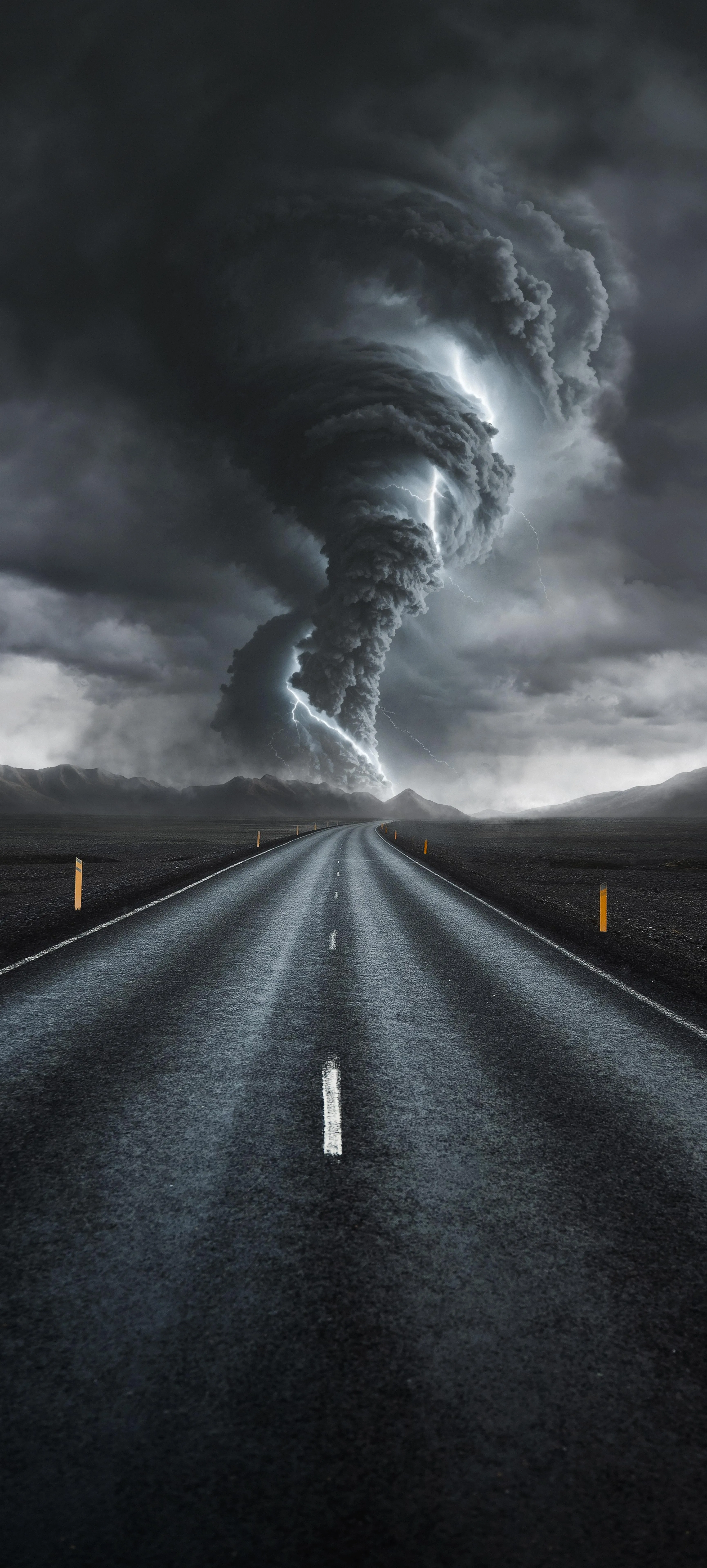 Dramatic Tornado Over Empty Road in Dark Stormy Scene