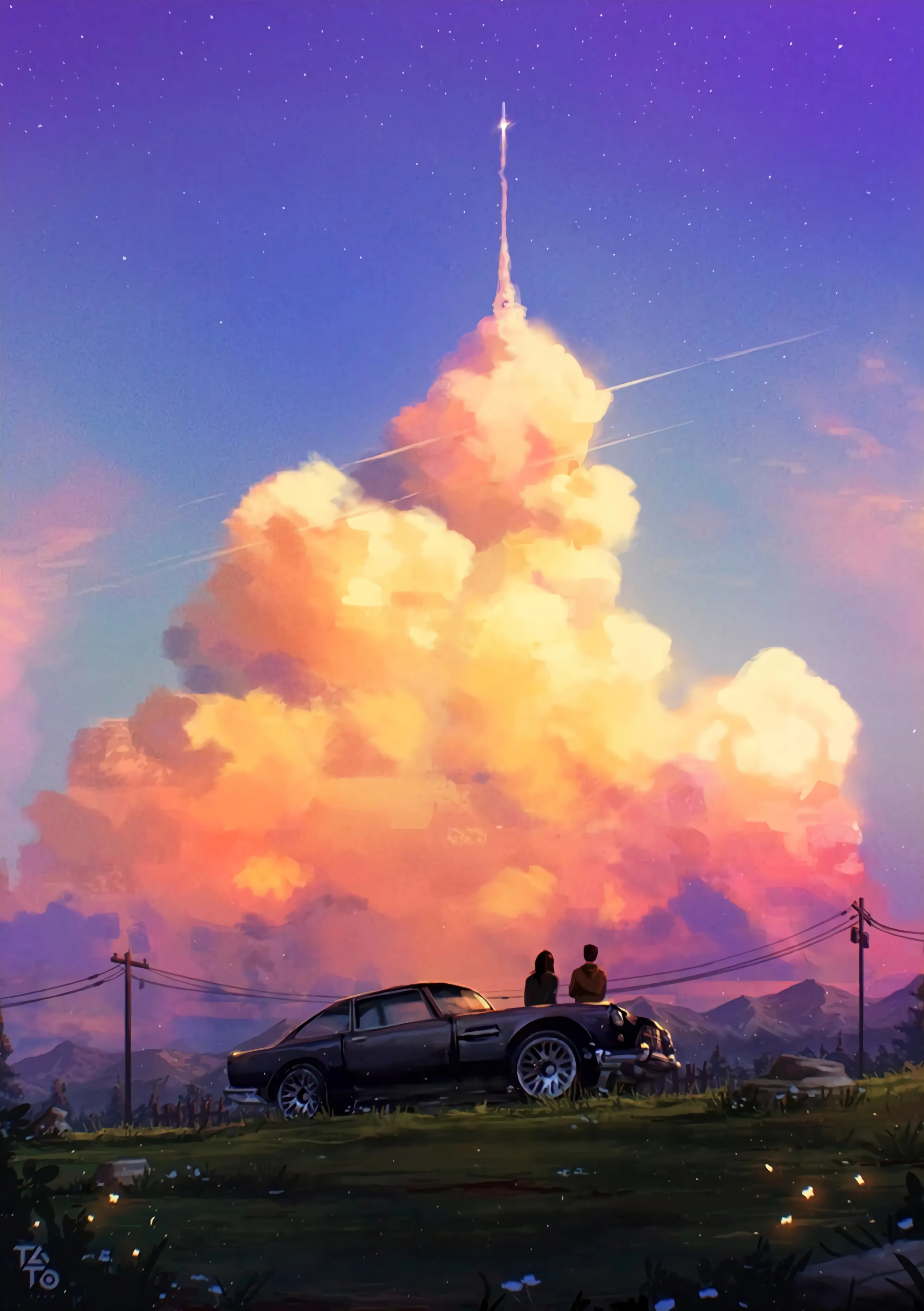 Dreamy Evening Sky with Car and Glowing Cloud Tower